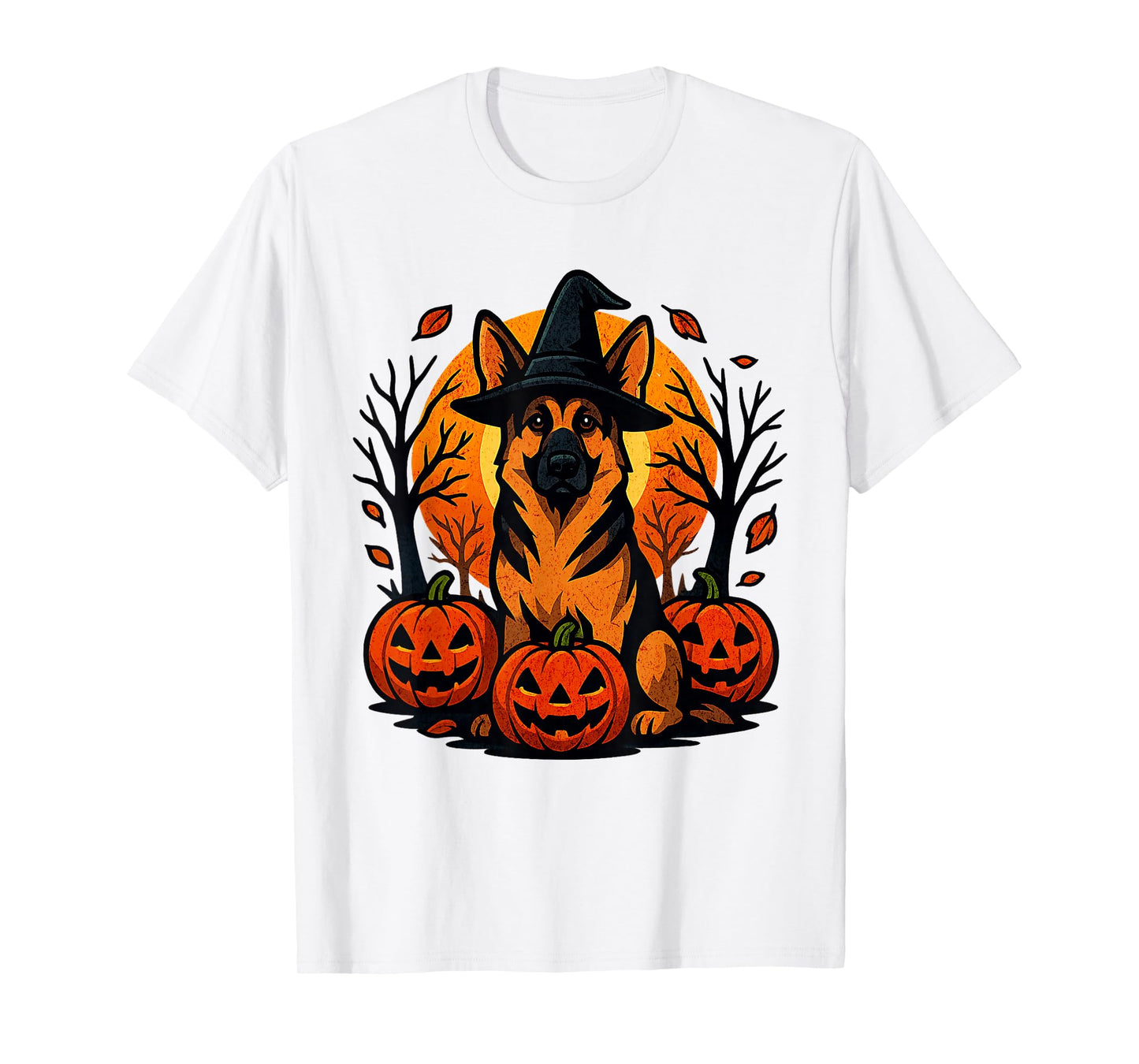 Halloween German Shepherd Witch Hat Pumpkins Autumn Leaves T-Shirt