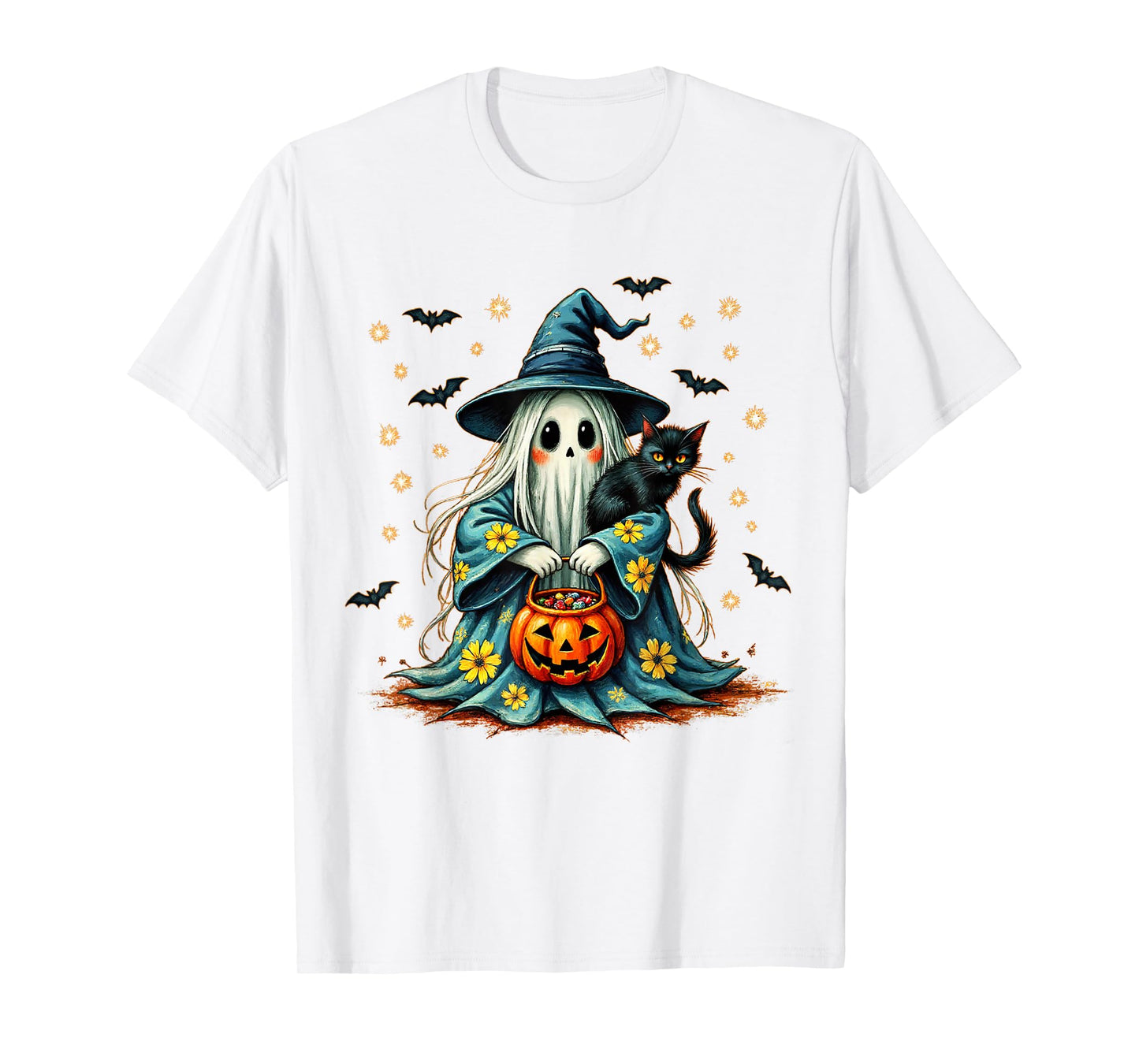 Halloween 2025 Ghost Holding Black Cat Groovy Floral Vintage T-Shirt
