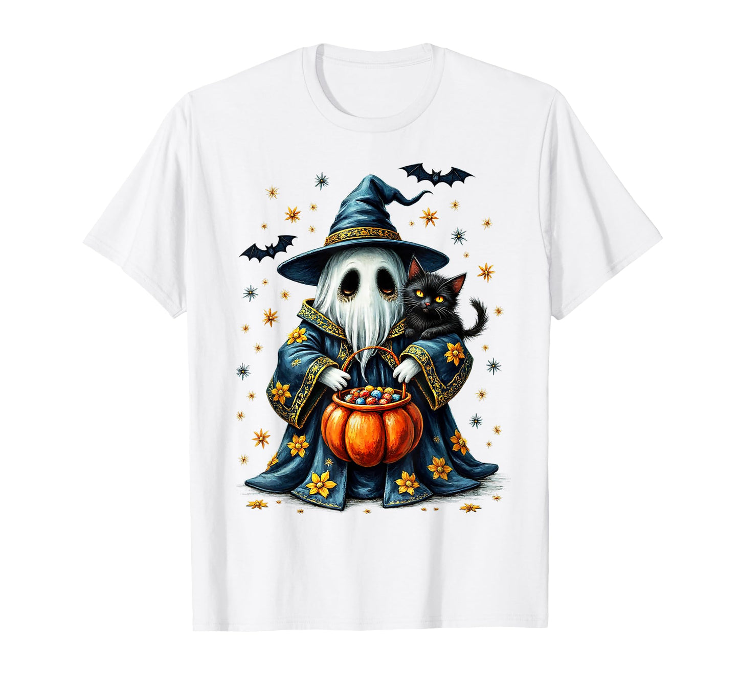 Ghost Holding Black Cat Lover Halloween 2025 Groovy Floral T-Shirt