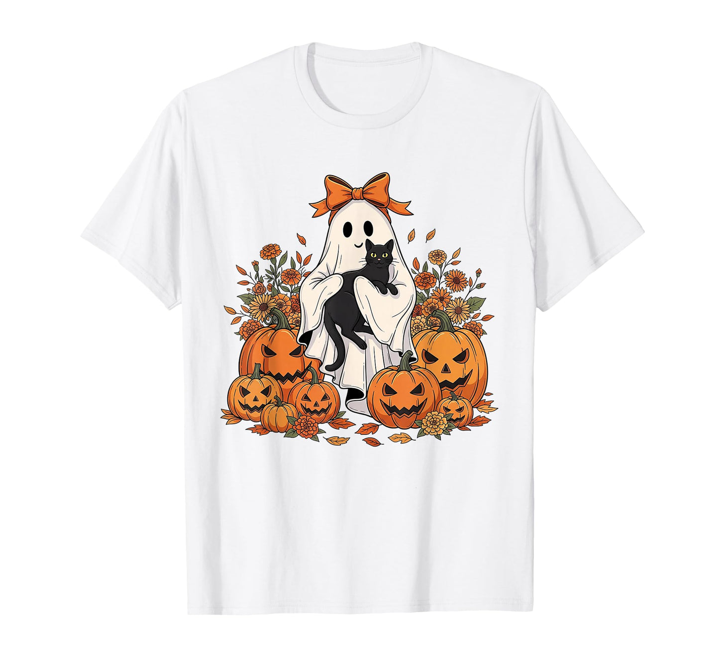 Vintage Halloween Ghost Holding Black Floral cat Ghost T-Shirt