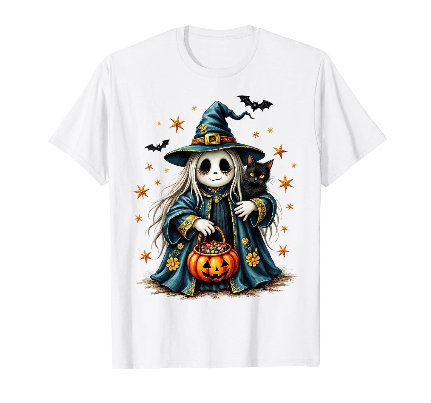 Ghost Holding Black Cat Lover Halloween 2025 Groovy Floral T-Shirt