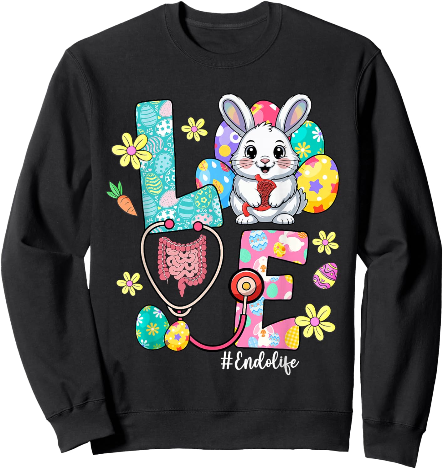 Love Endo Life Endo Nurse Bunny Stethoscope Easter T-Shirt - Sweatshirt | Black