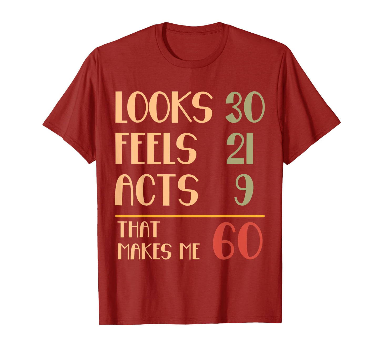 Funny 60th Birthday Humor Looks 30 Feels 21 Acts 9 Sixty T-Shirt
