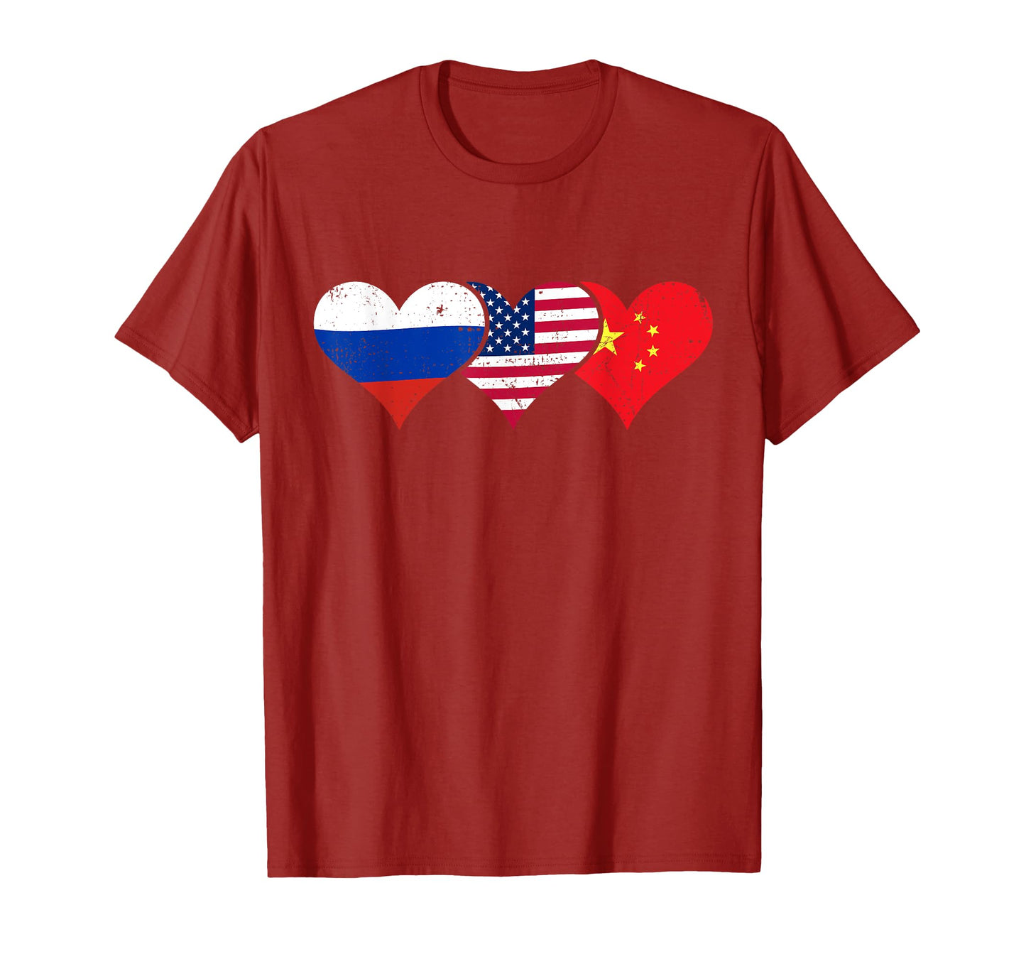 Russia, USA & China Flags – Russian American Chinese Hearts T-Shirt