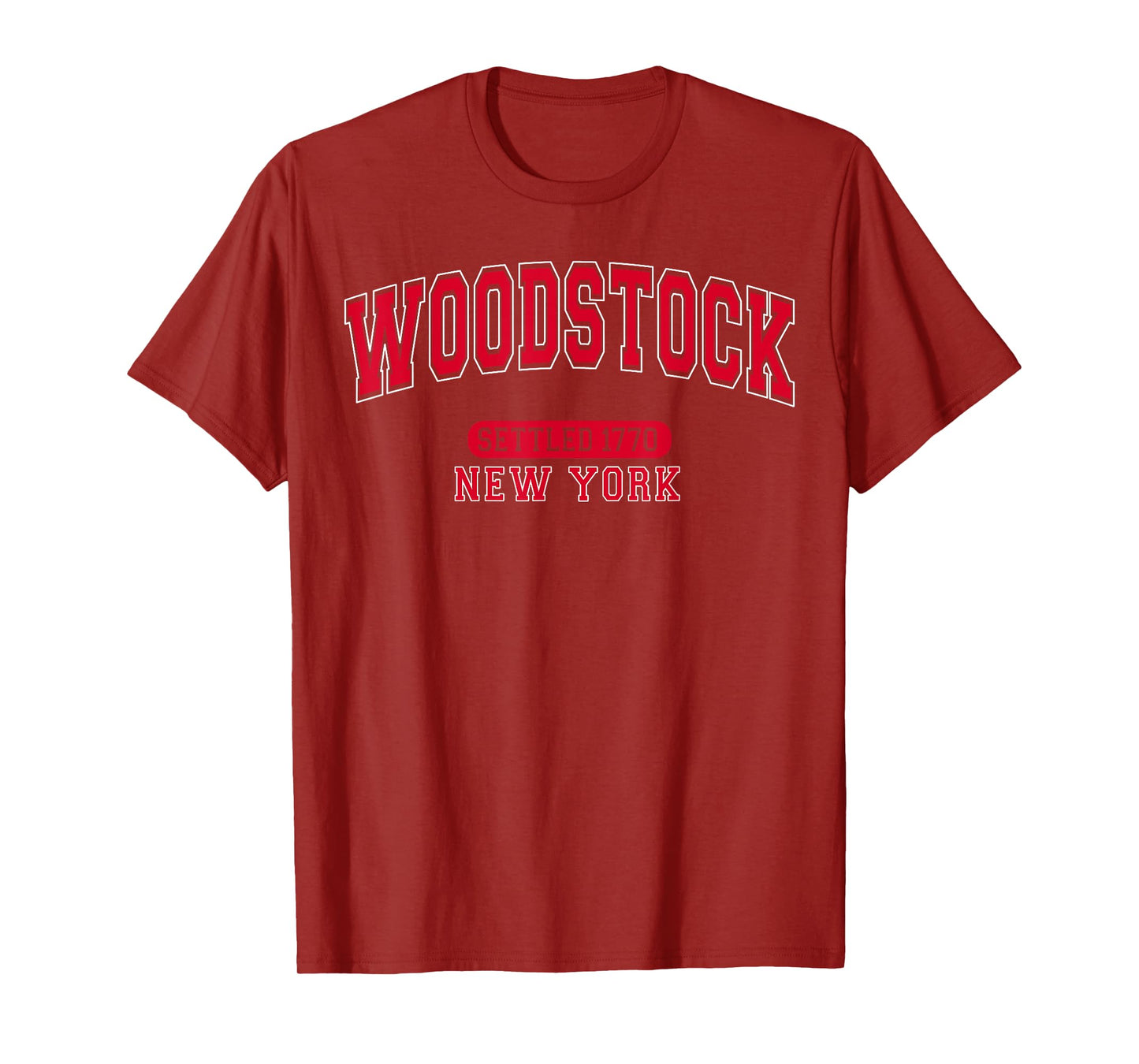 Woodstock New York Settled 1770 Arched Varsity Red Letters T-Shirt