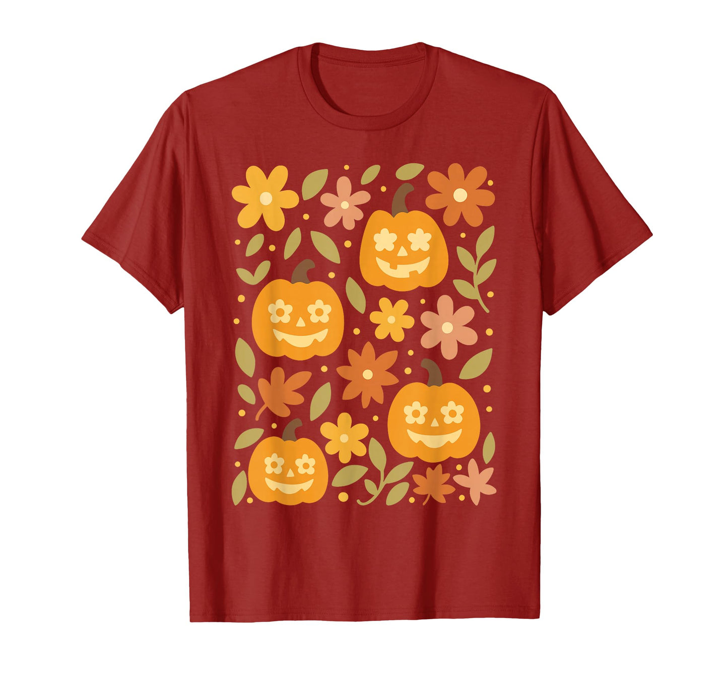 Cute Halloween Pumpkin Jack O Lantern and Fall Flowers Retro T-Shirt