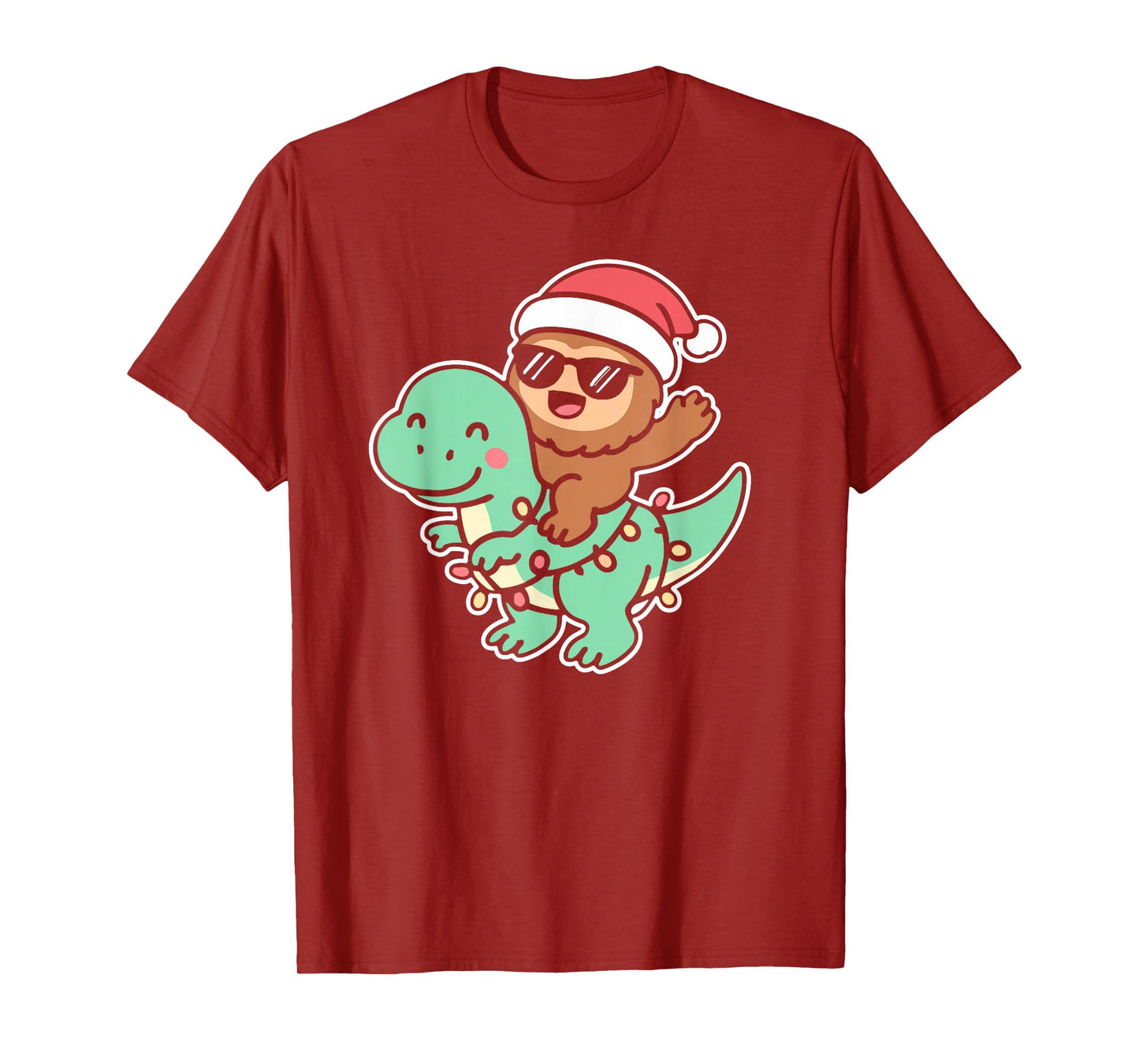 Cute Bigfoot Riding Dinosaur Christmas Tree Lights T-Shirt