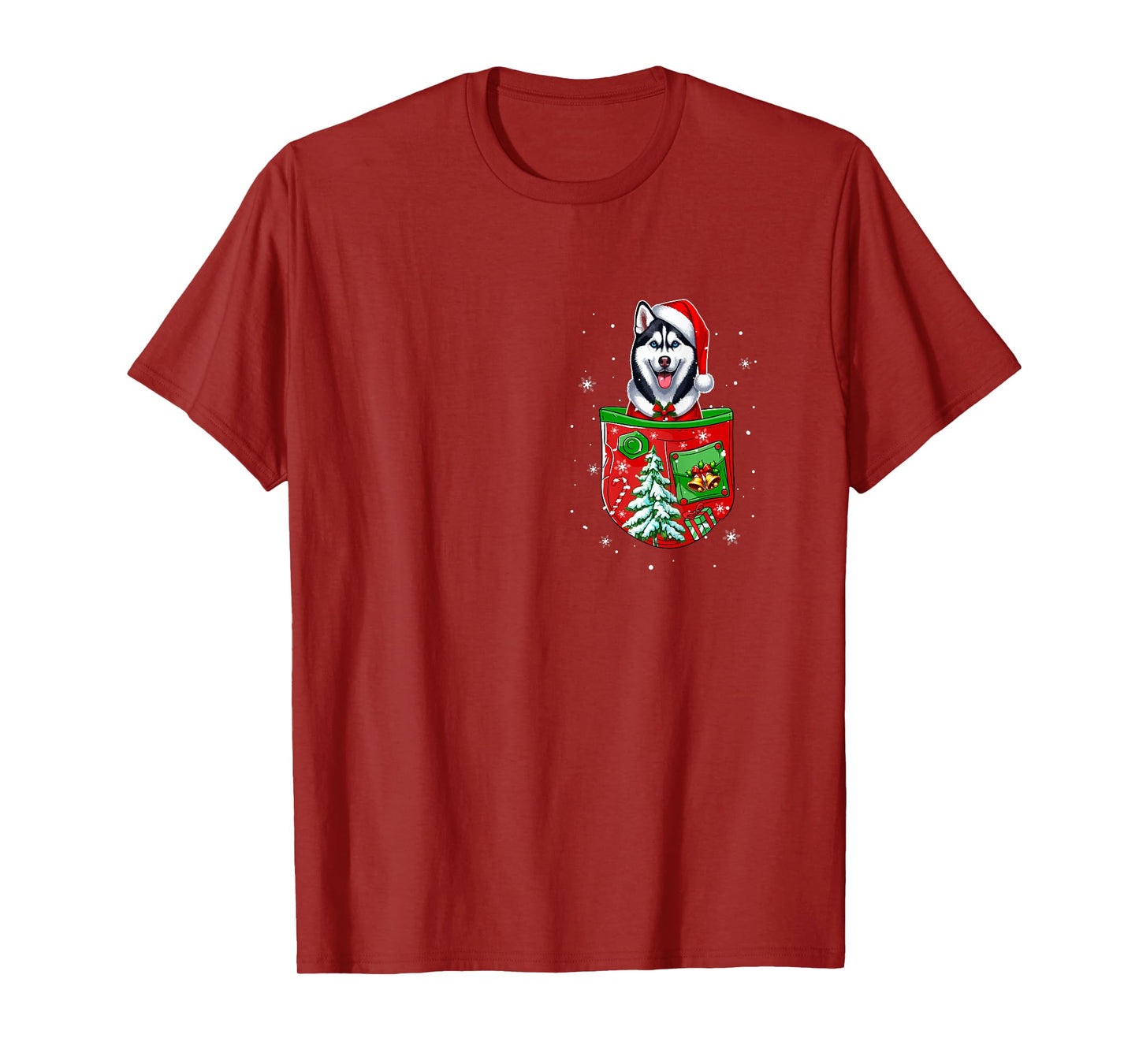 Santa Husky in Pocket Owner Christmas Tree Bells T-Shirt
