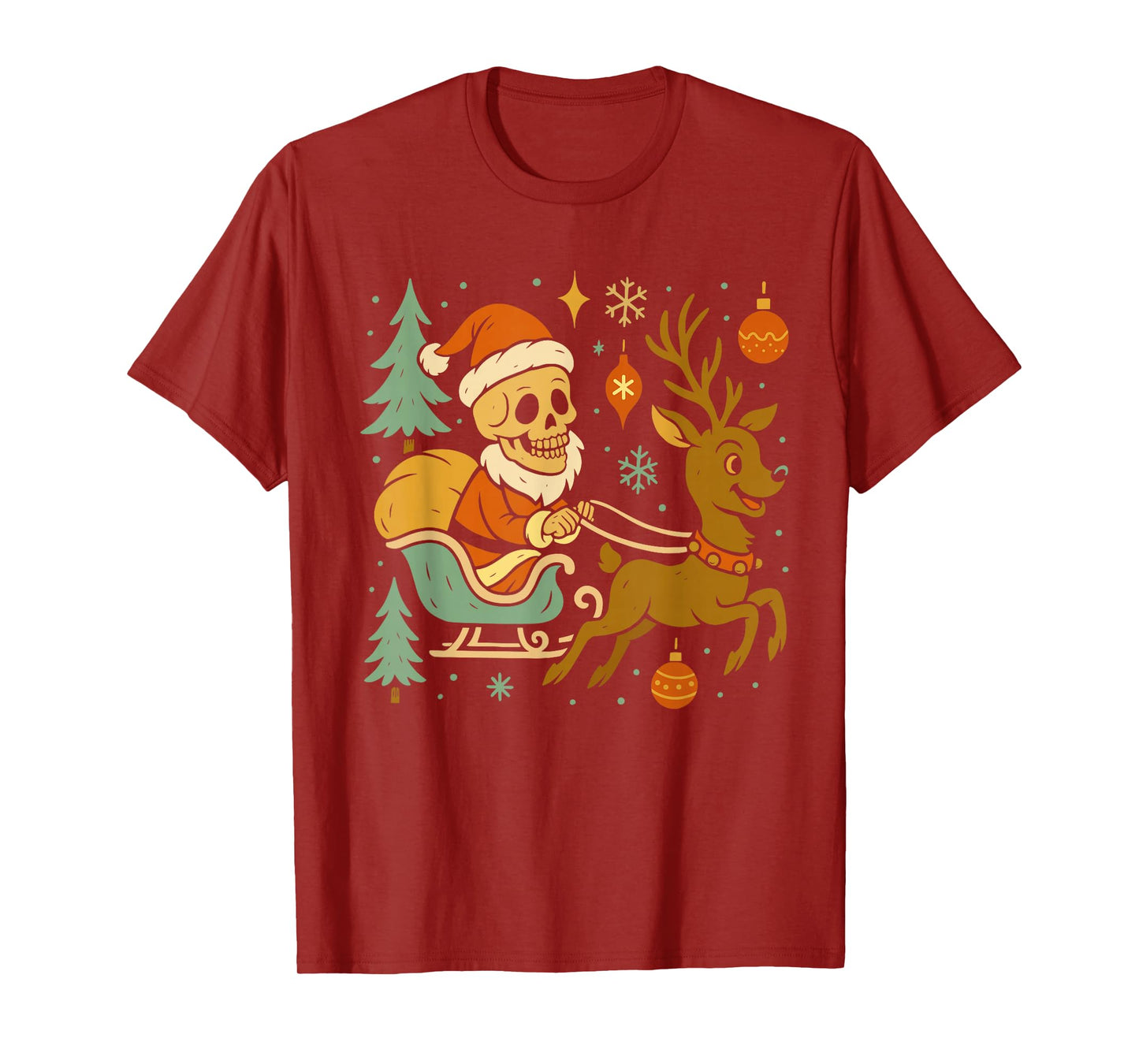 Funny Skeleton Santa Merry Christmas Sleigh Reindeer Xmas T-Shirt