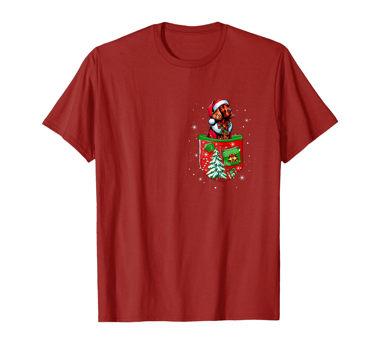 Santa Irish Setter in Pocket Owner Christmas Tree Bells T-Shirt