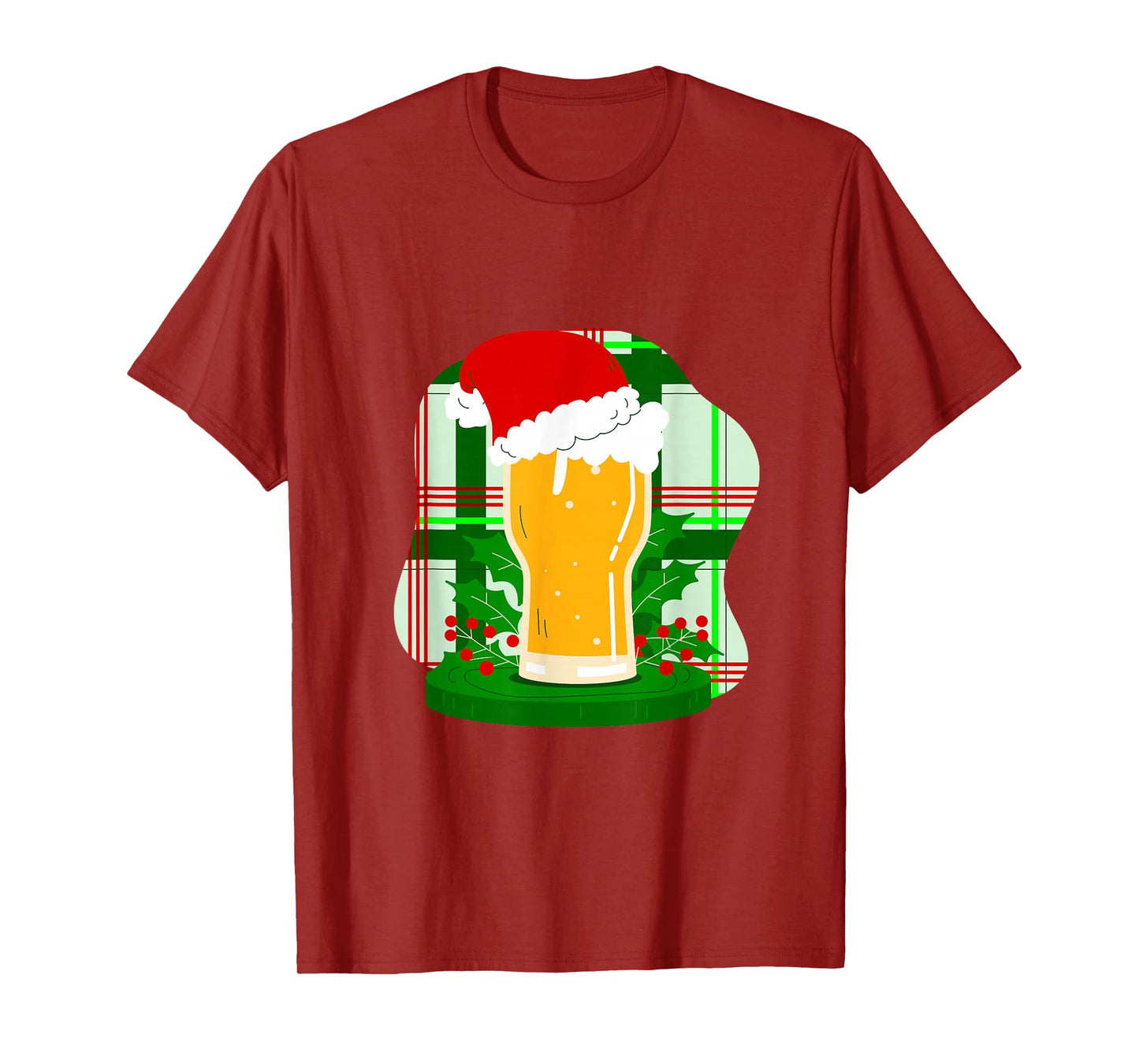 Ugly Christmas Beer Santa Claus Holly Plaid Funny Xmas T-Shirt