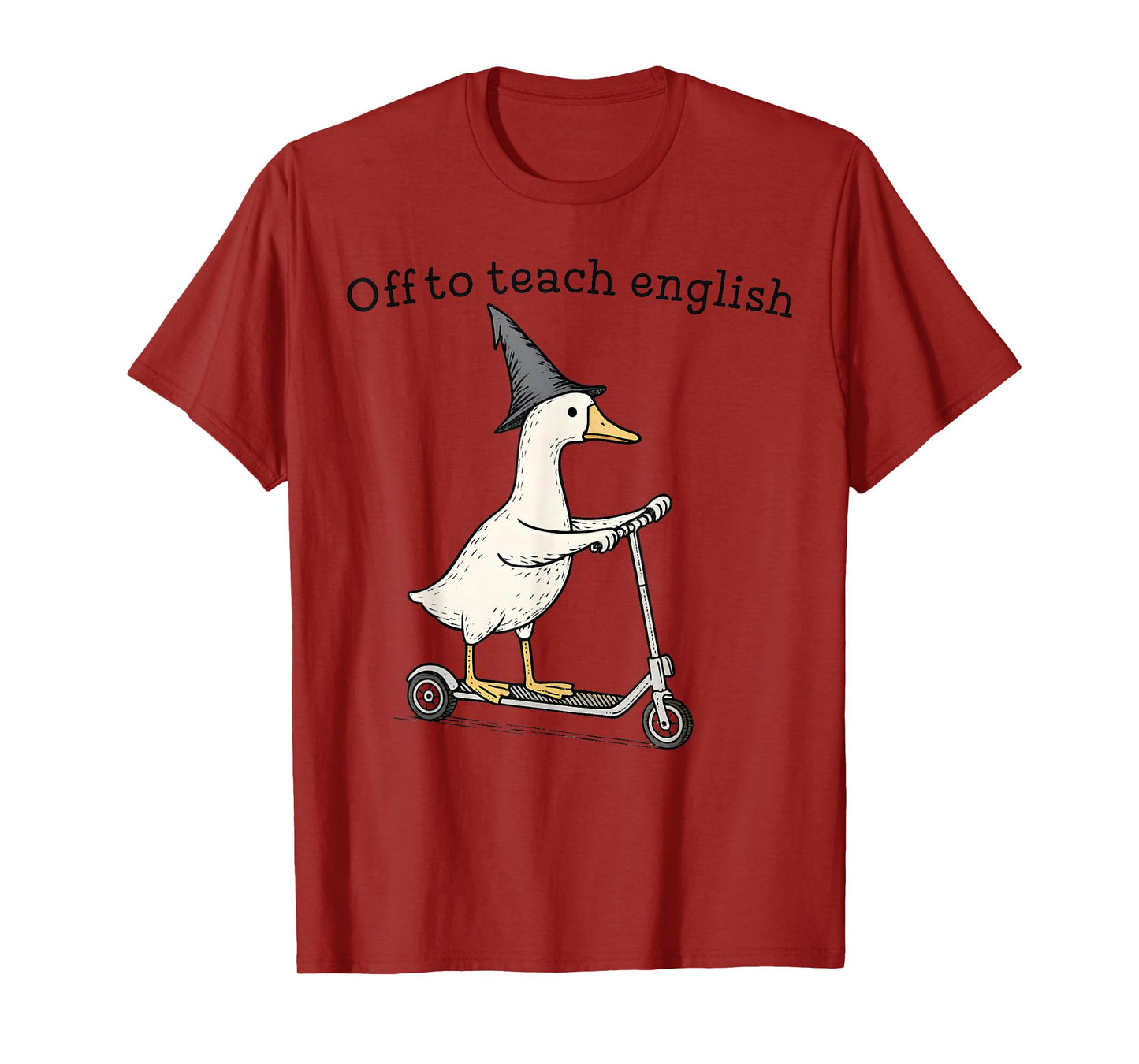 Funny Goose Witch On Scooter Off to Teach English Teacher T-Shirt