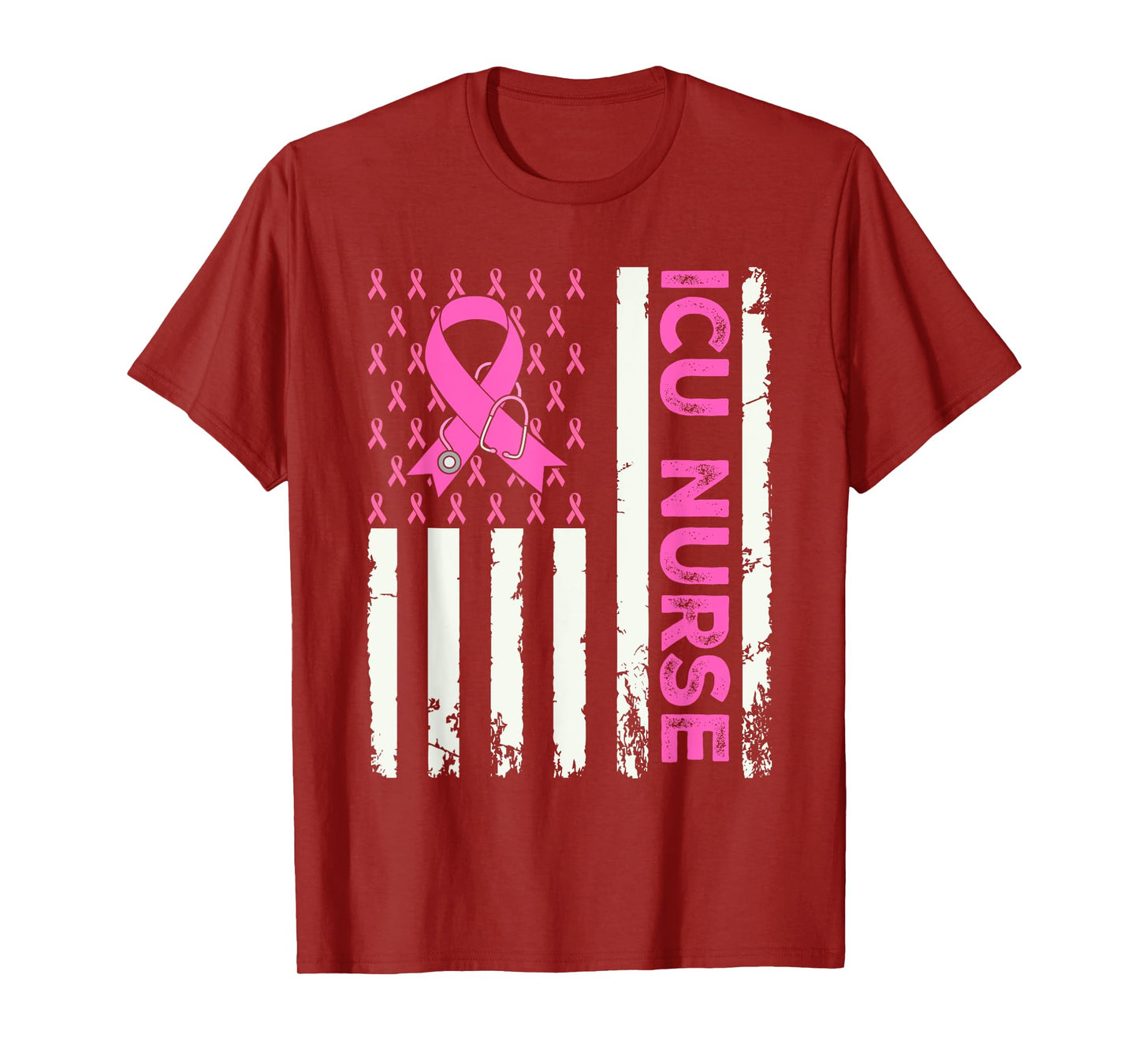 ICU Nurse American Flag Breast Cancer Awareness Pink Ribbon T-Shirt