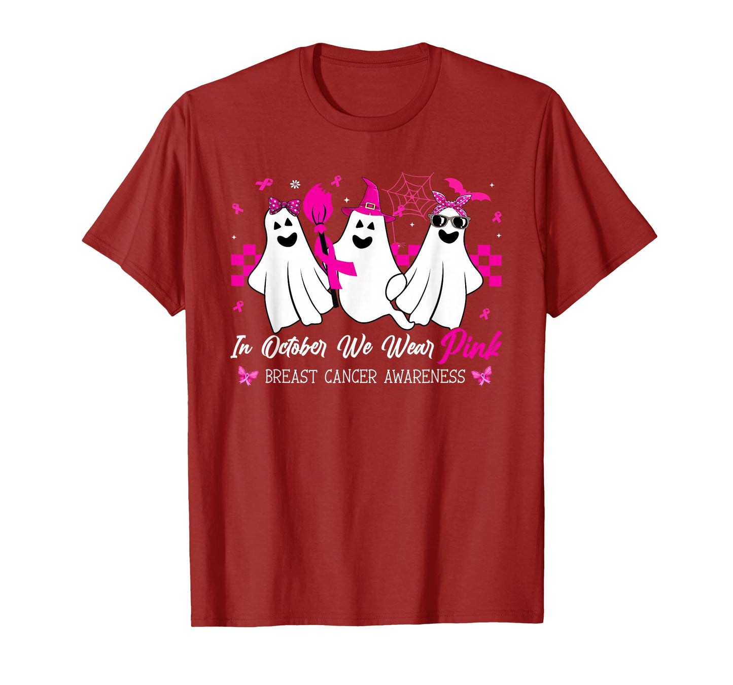 in October We Wear Pink Ghost Witch Breast Cancer Awareness T-Shirt