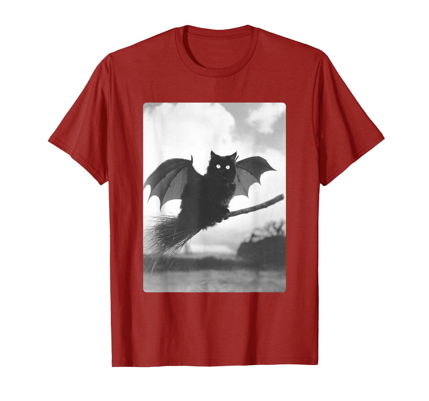 Black Cat Flying with Witch Broom Bat Wings Spooky Halloween T-Shirt