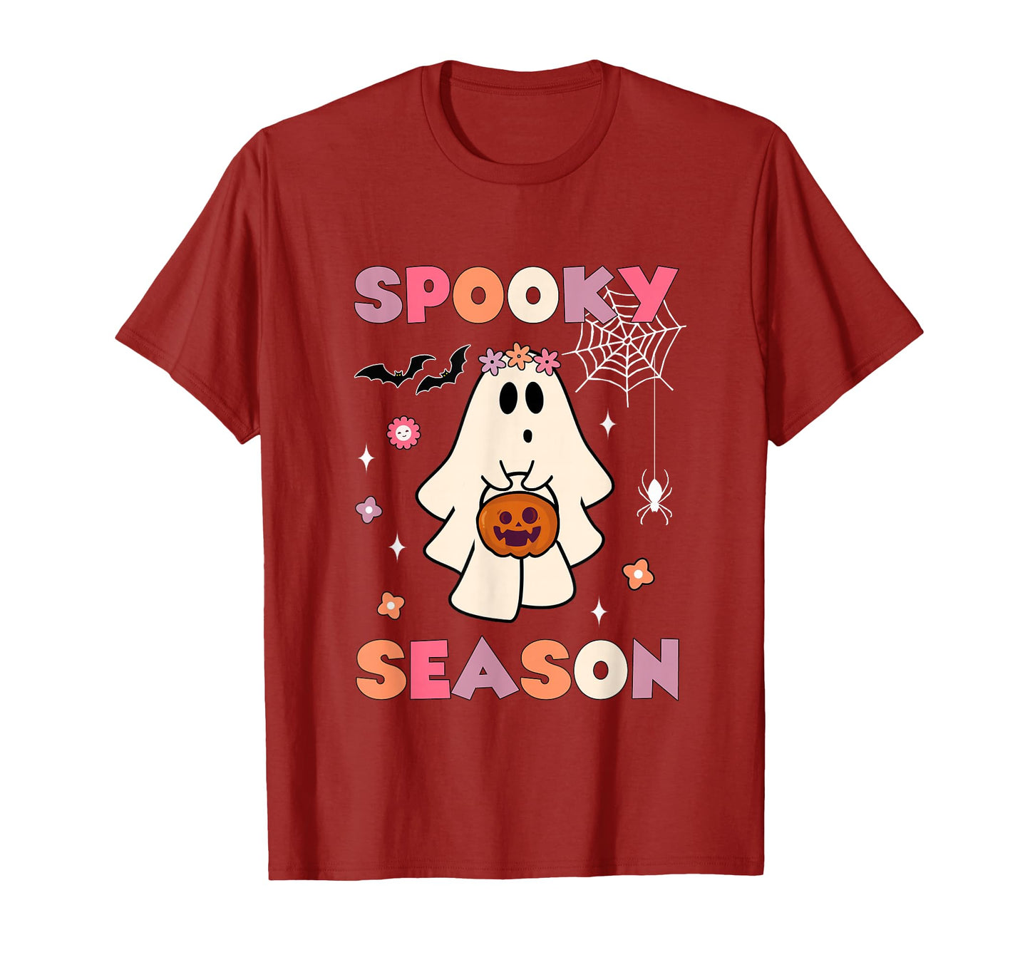 Funny Ghost Holding Pumpkin Halloween Groovy Spooky Season T-Shirt