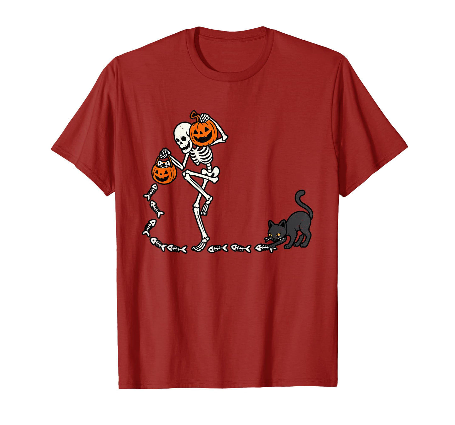Skeleton Pumpkin Black Cat Halloween Funny Spooky Season T-Shirt