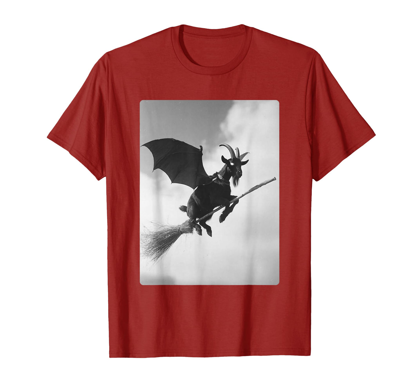 Gothic Goat Flying Witch Broom Bat Wings Spooky Halloween T-Shirt