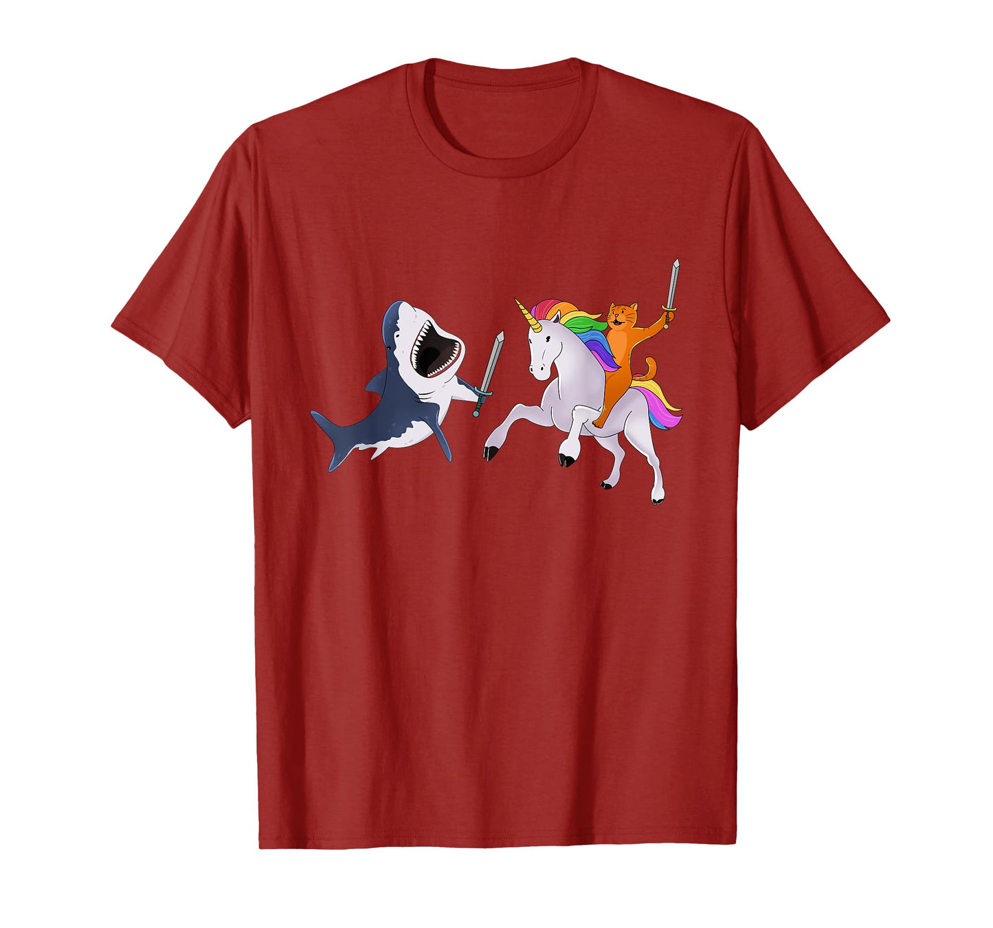 Funny Cat Riding Magical Unicorn Sword Fighting Shark T-Shirt