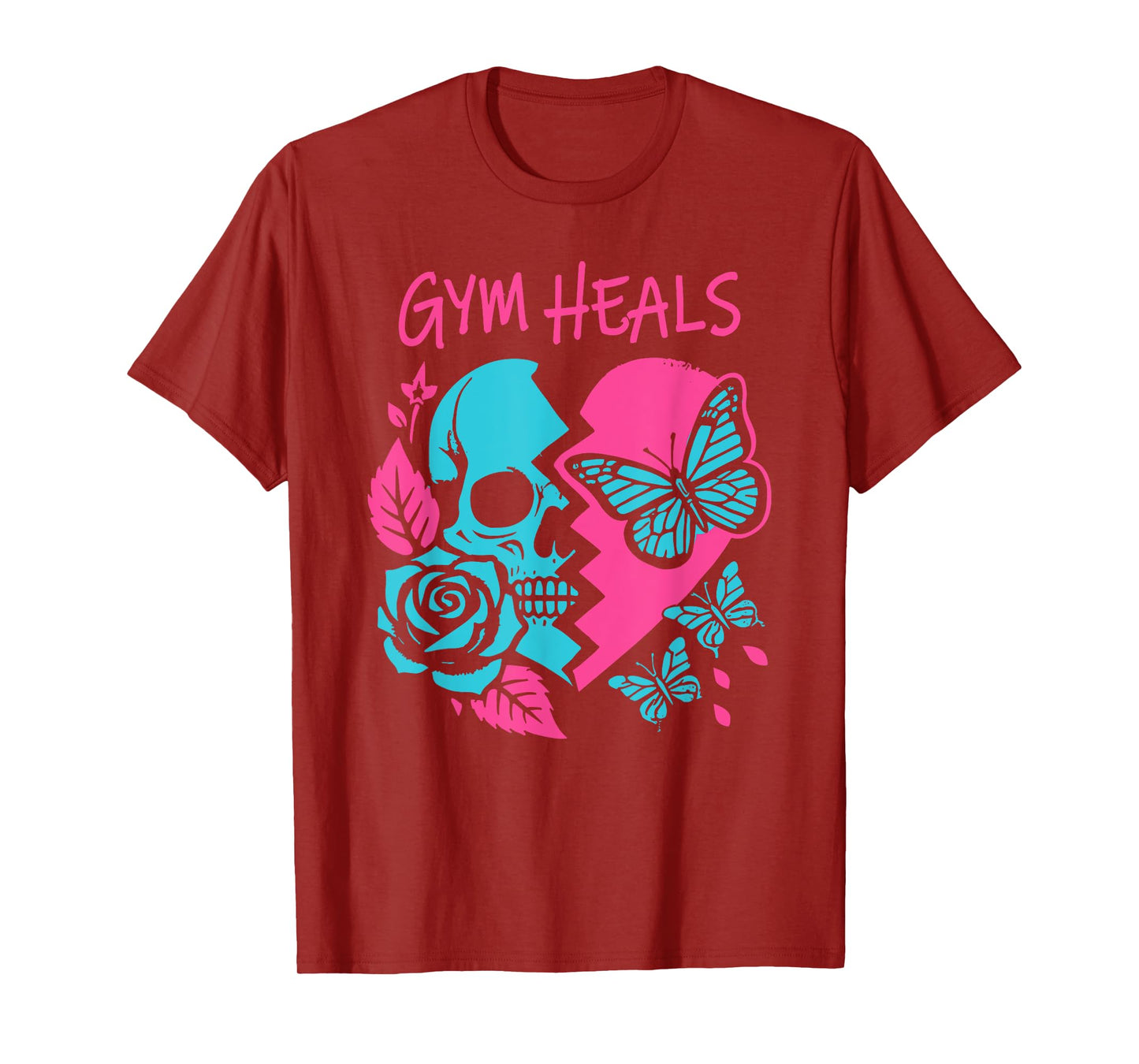 gym heals retro skull broken heart print motivation workout T-Shirt