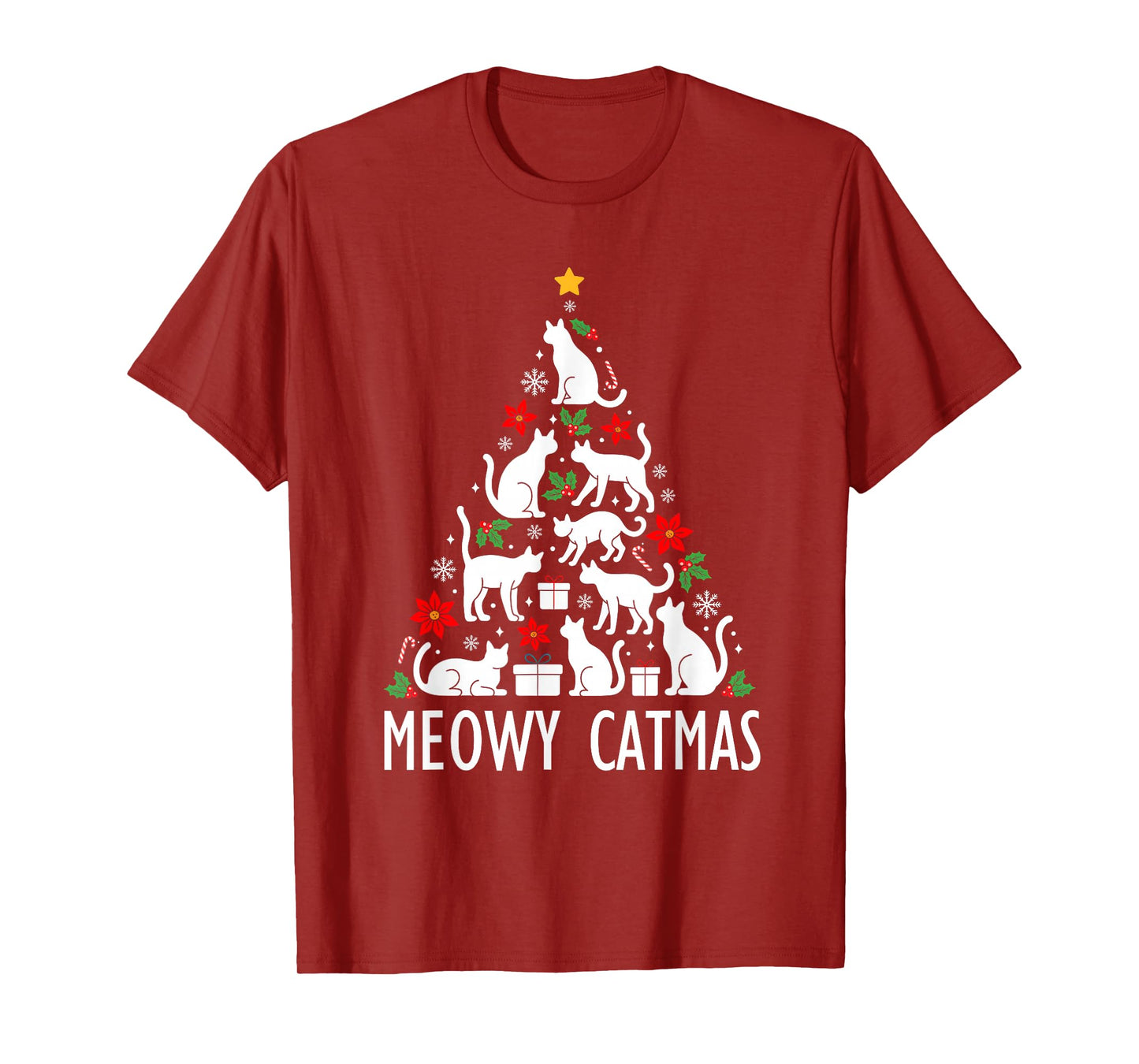 Meowy Catmas Christmas Tree Lights Santa Hat Xmas Cat Lovers T-Shirt