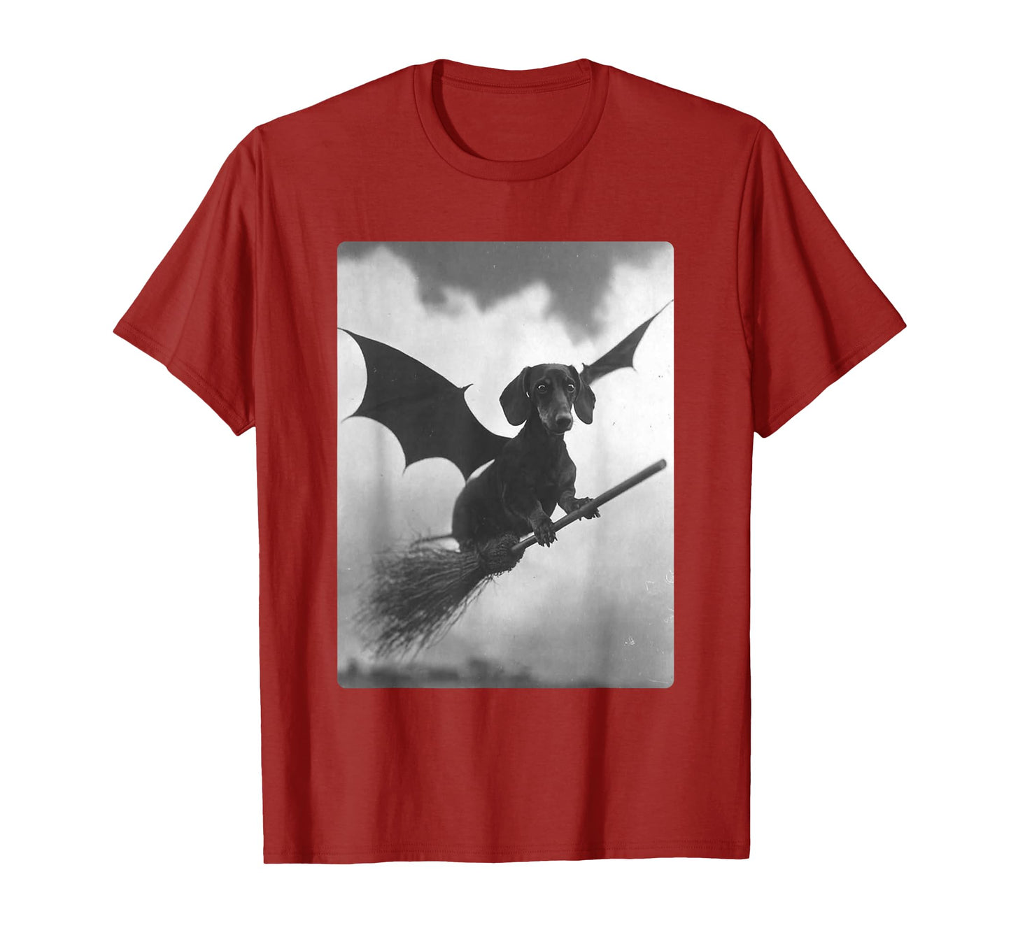 Gothic Dachshund Witch Broom Bat Wings Spooky Halloween Dog T-Shirt