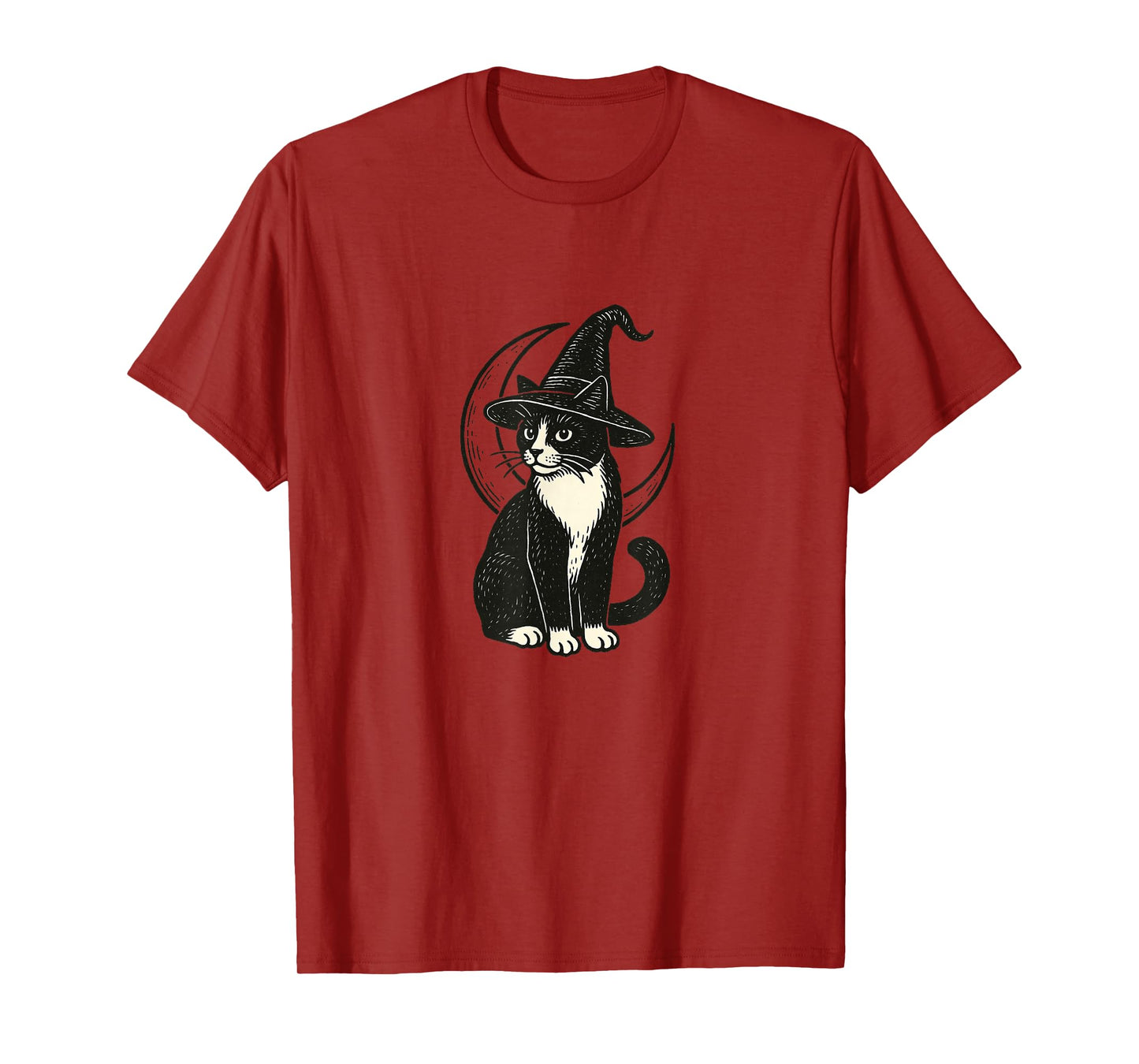 Black White Tuxedo Cat Witch Halloween Crescent Moon Design T-Shirt