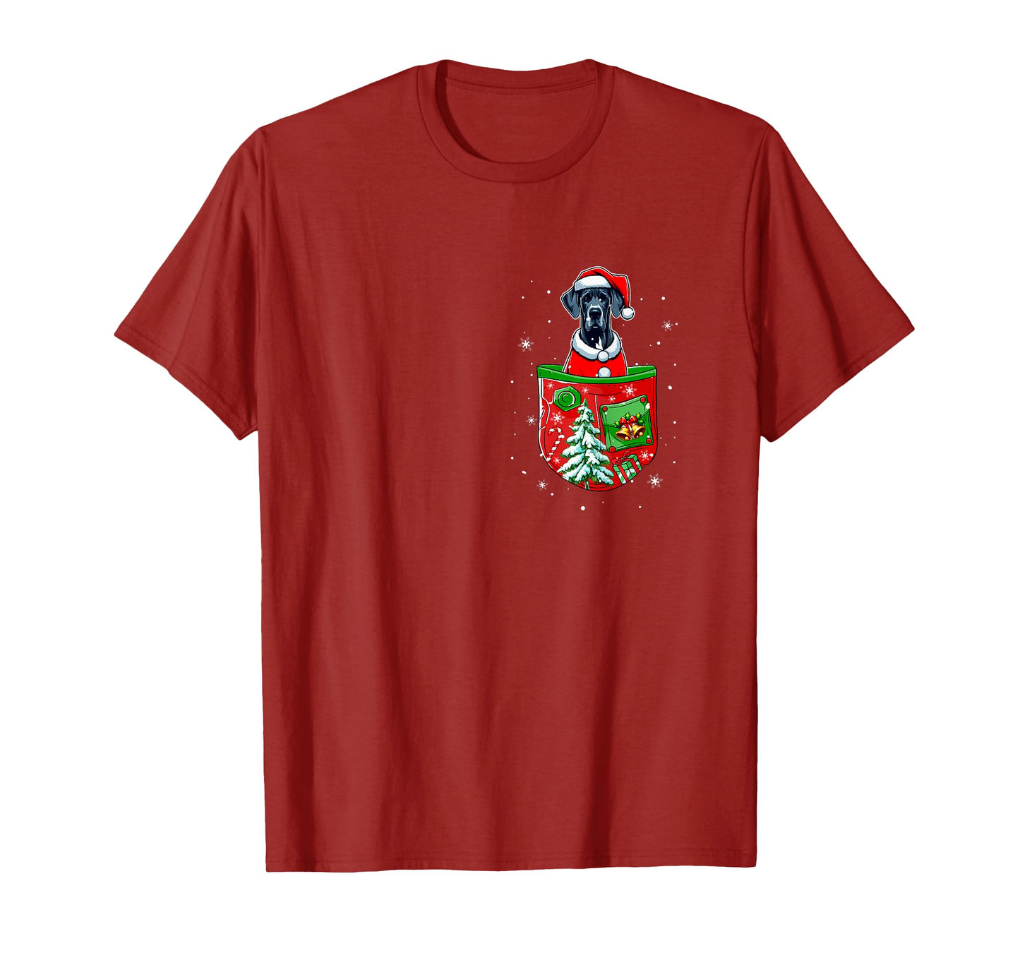 Santa Great Dane in Pocket Owner Christmas Tree Bells T-Shirt