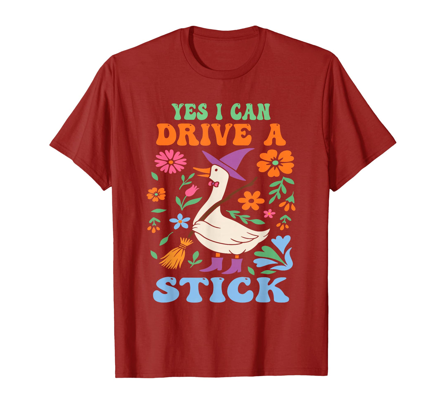 Funny Witch Goose Floral Yes I Can Drive A Stick Halloween T-Shirt