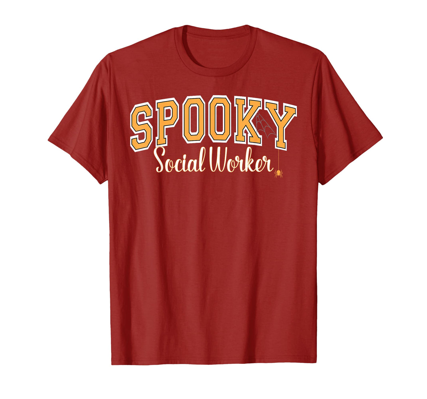 Spooky Social Worker Halloween Spider Varsity Orange Letters T-Shirt