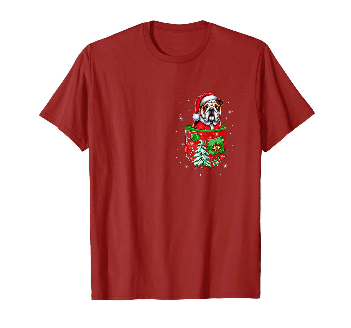 Santa Bulldog in Pocket Owner Christmas Tree Bells T-Shirt