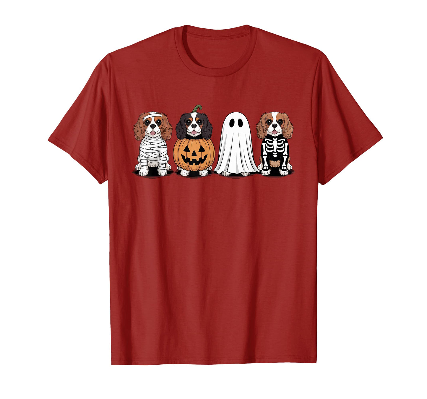 Spooky Ghost Cavalier Dog Pumpkin Halloween Skeleton T-Shirt