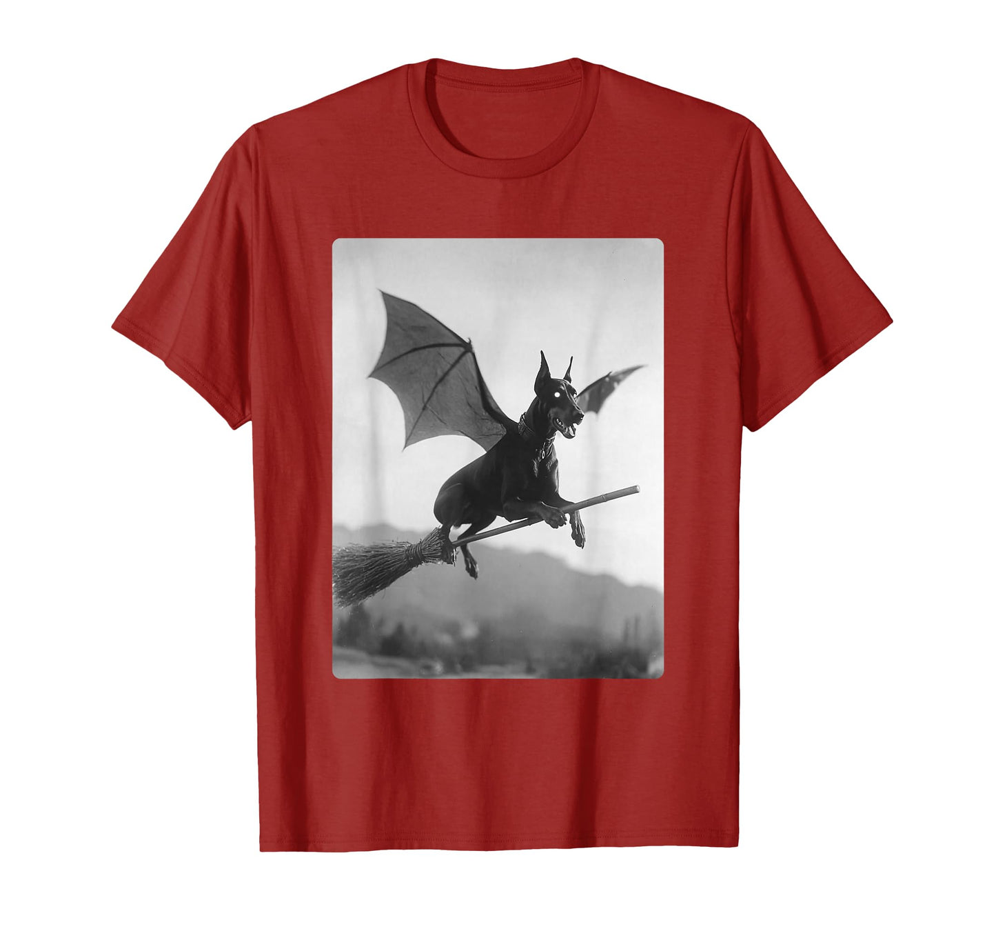 Gothic Doberman Witch Broom Bat Wings Spooky Halloween Dog T-Shirt