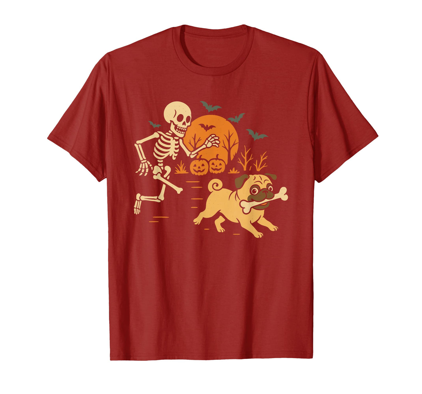 Funny Skeleton Chasing Pug Halloween Costume Dog Lover T-Shirt