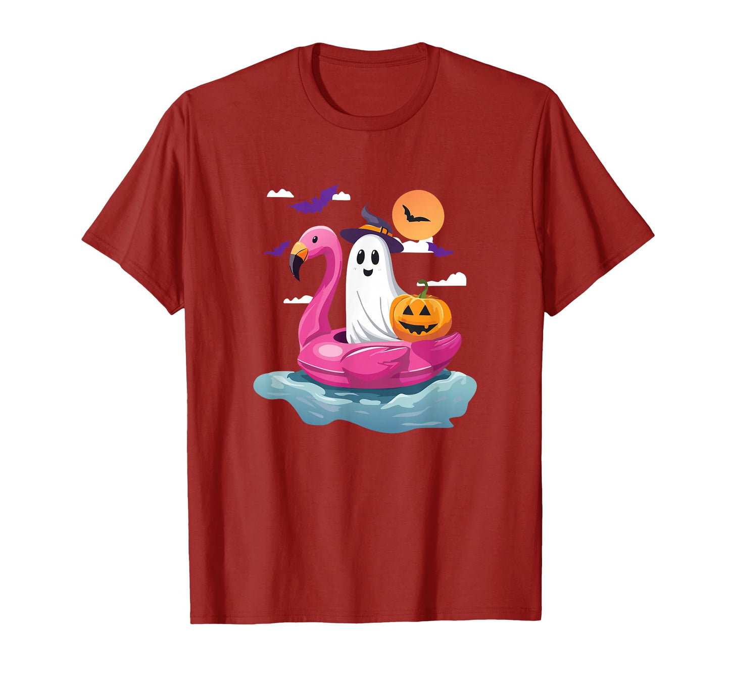 Boo Ghost with Flamingo Float Halloween Pumpkin Witch Hat T-Shirt