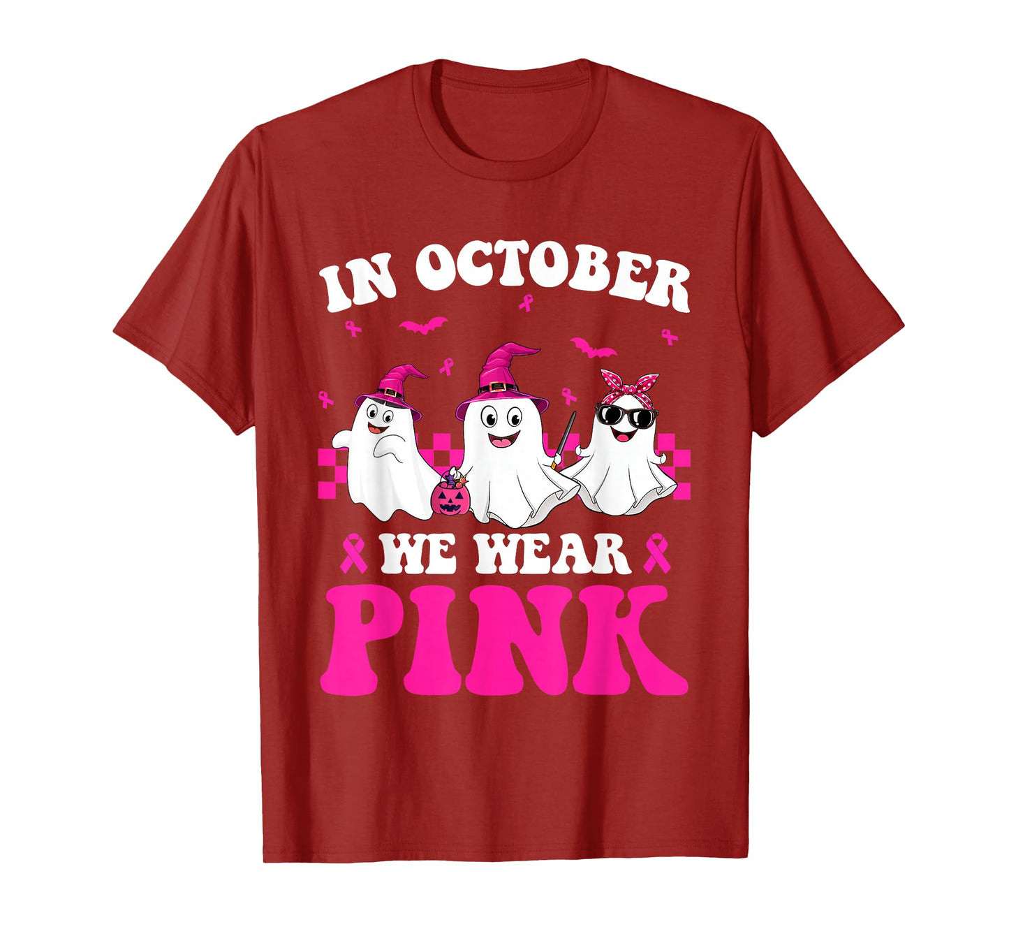 in October We Wear Pink Ghost Boo Halloween Breast Cancer T-Shirt