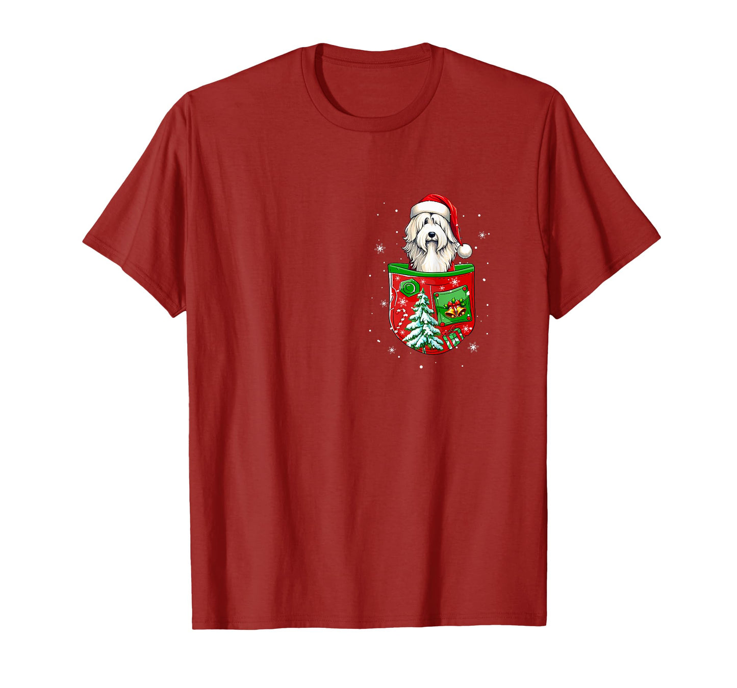 Santa Bearded Collie in Pocket Owner Christmas Tree Bells T-Shirt