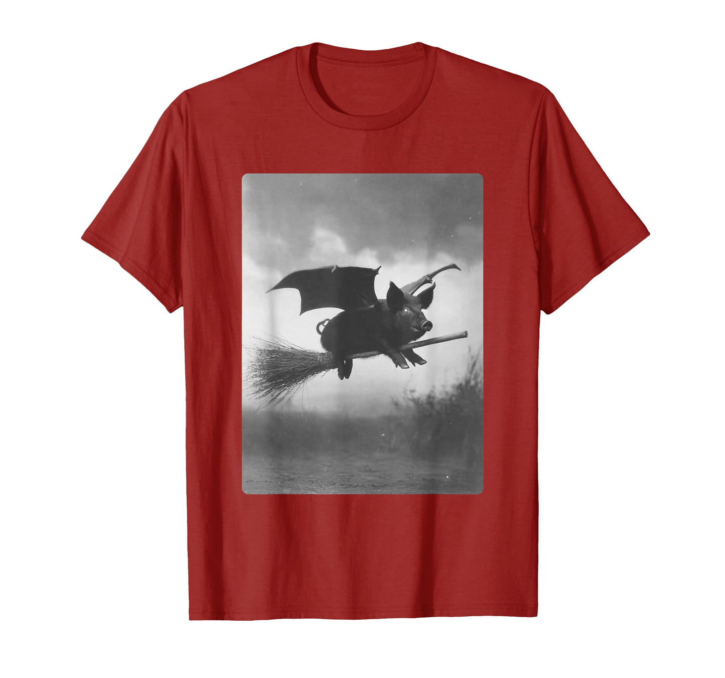Gothic Pig Witch Broom Bat Wings Spooky Halloween Animal T-Shirt