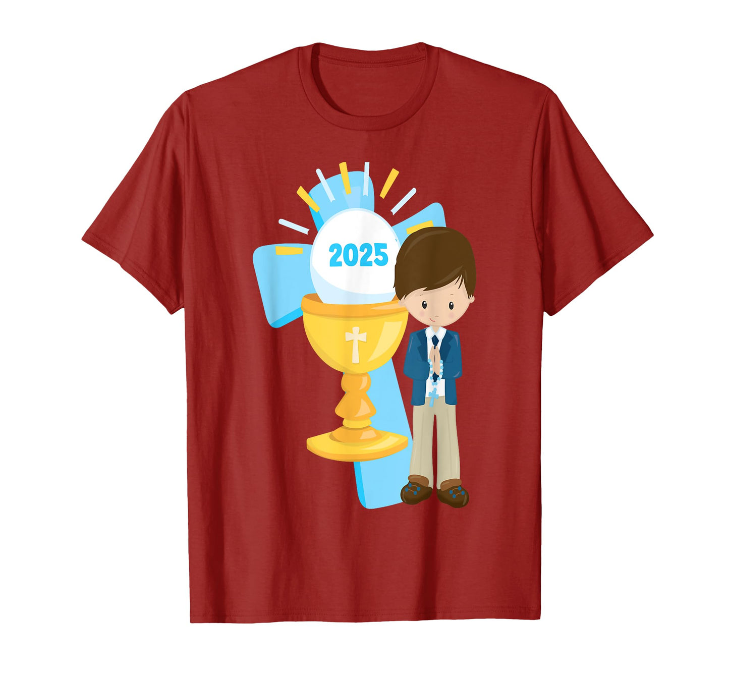 Brunette Boy First Communion 2025 Cross Chalice Rosary Blue T-Shirt