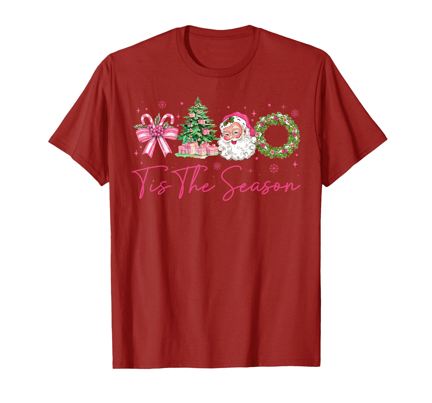 Tis The Season Pink Santa Christmas Coquette Bow Women T-Shirt