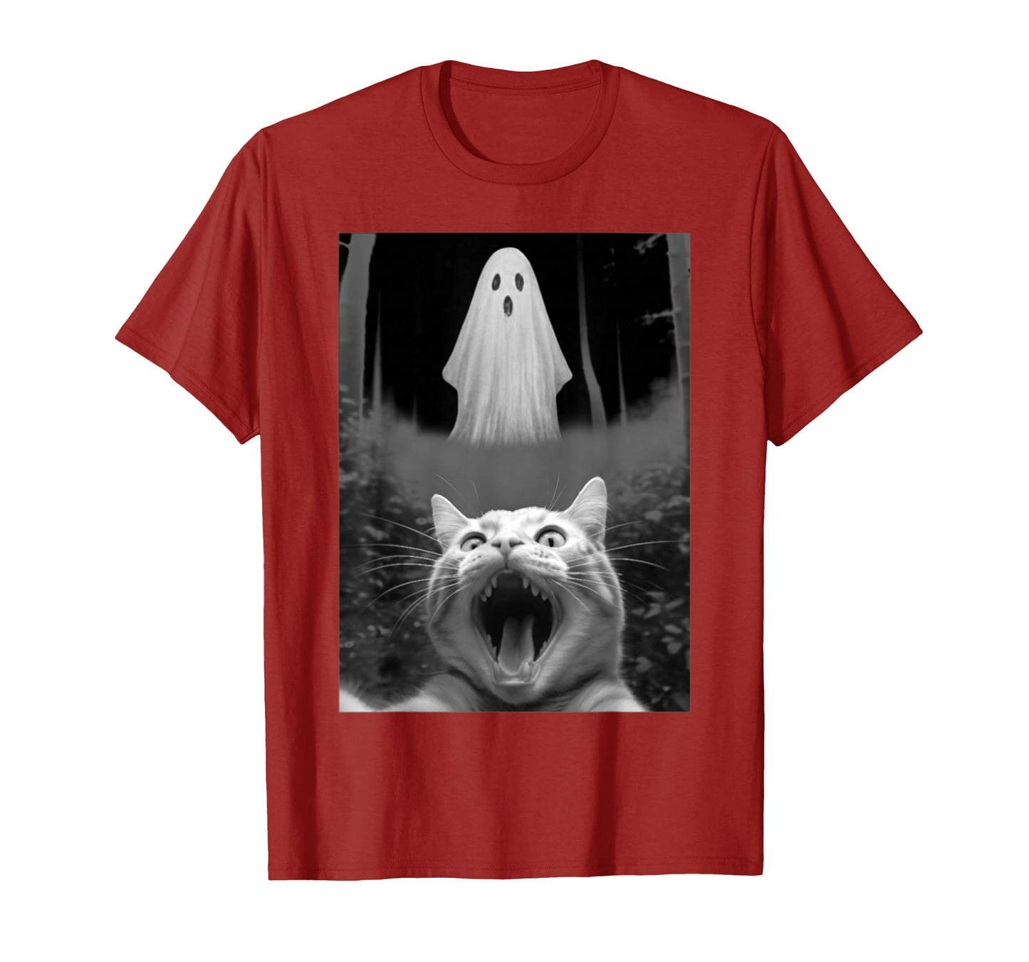 Funny Cat Selfie with Cute Boo Halloween Forest Men Women T-Shirt