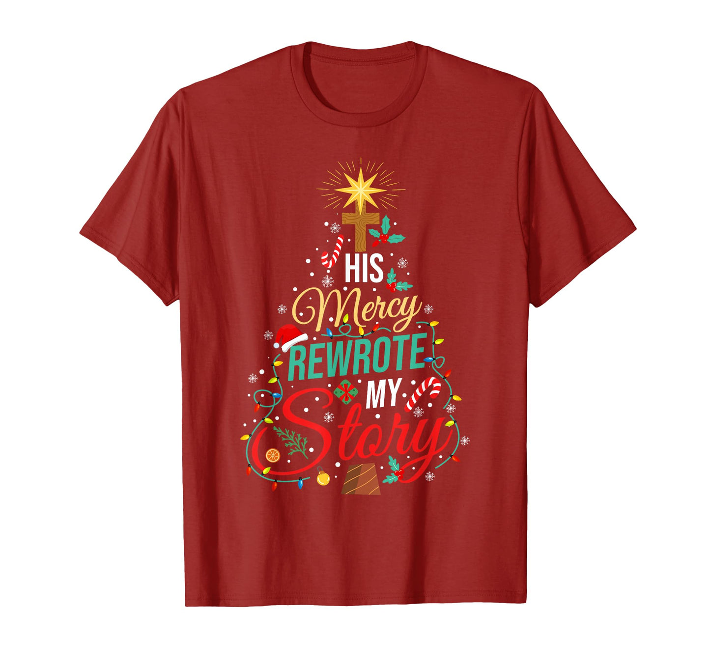 His Mercy Rewrote My Story Bible Christian Christmas Tree T-Shirt