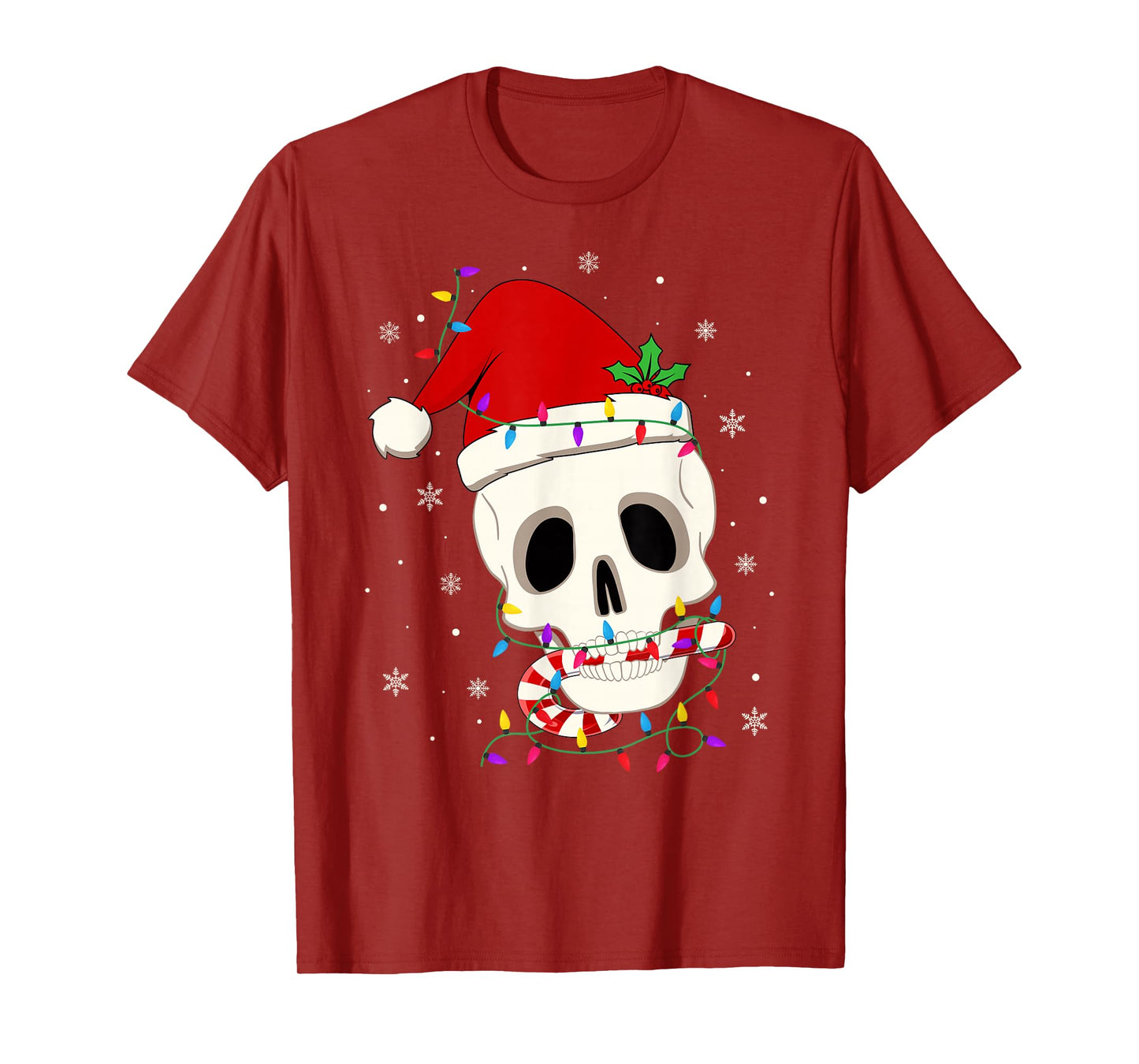 Skeleton Skull Scary Xmas Lights Funny Santa Hat Christmas T-Shirt