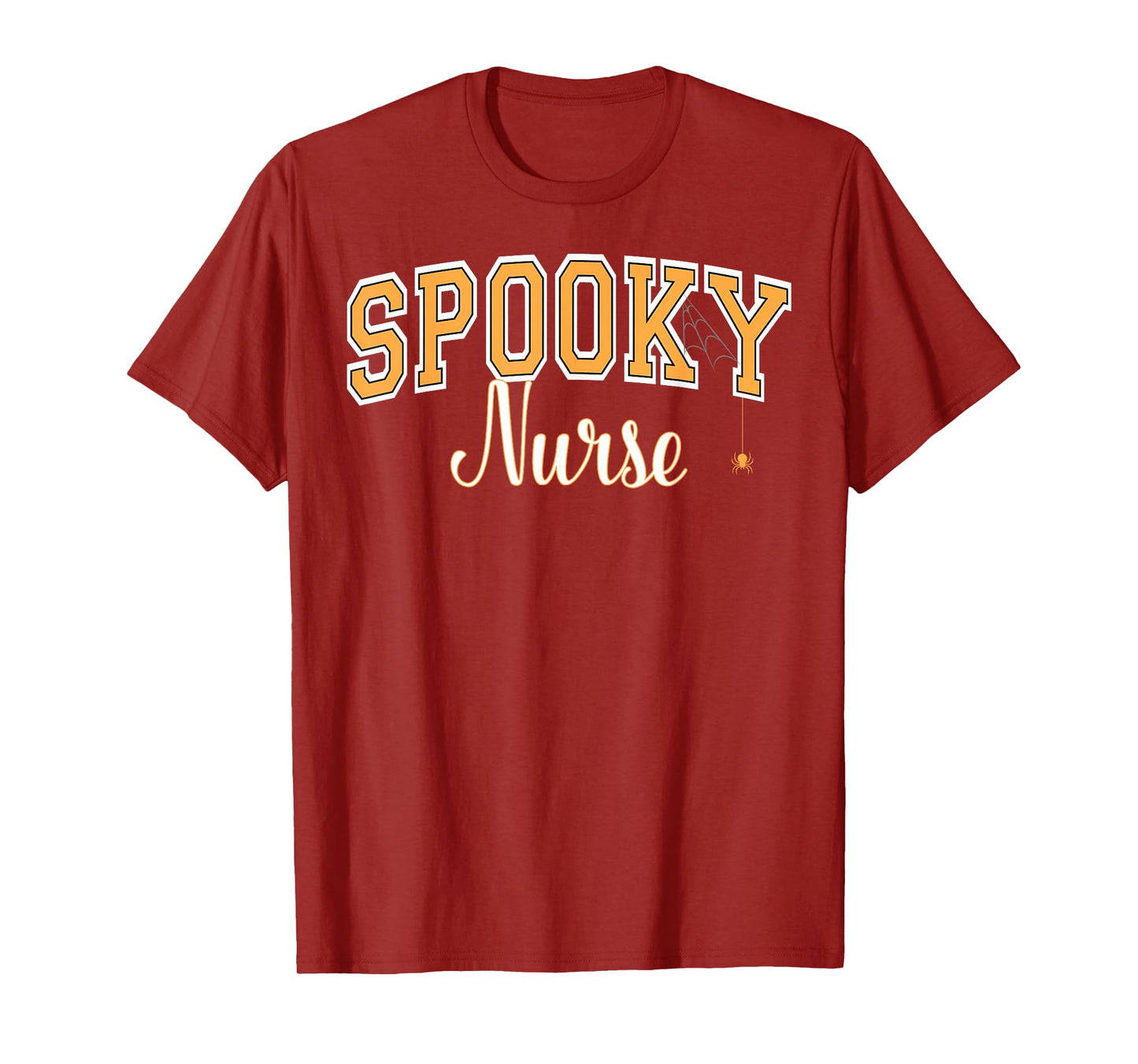 Spooky Nurse Halloween Spider Varsity Orange Letters T-Shirt
