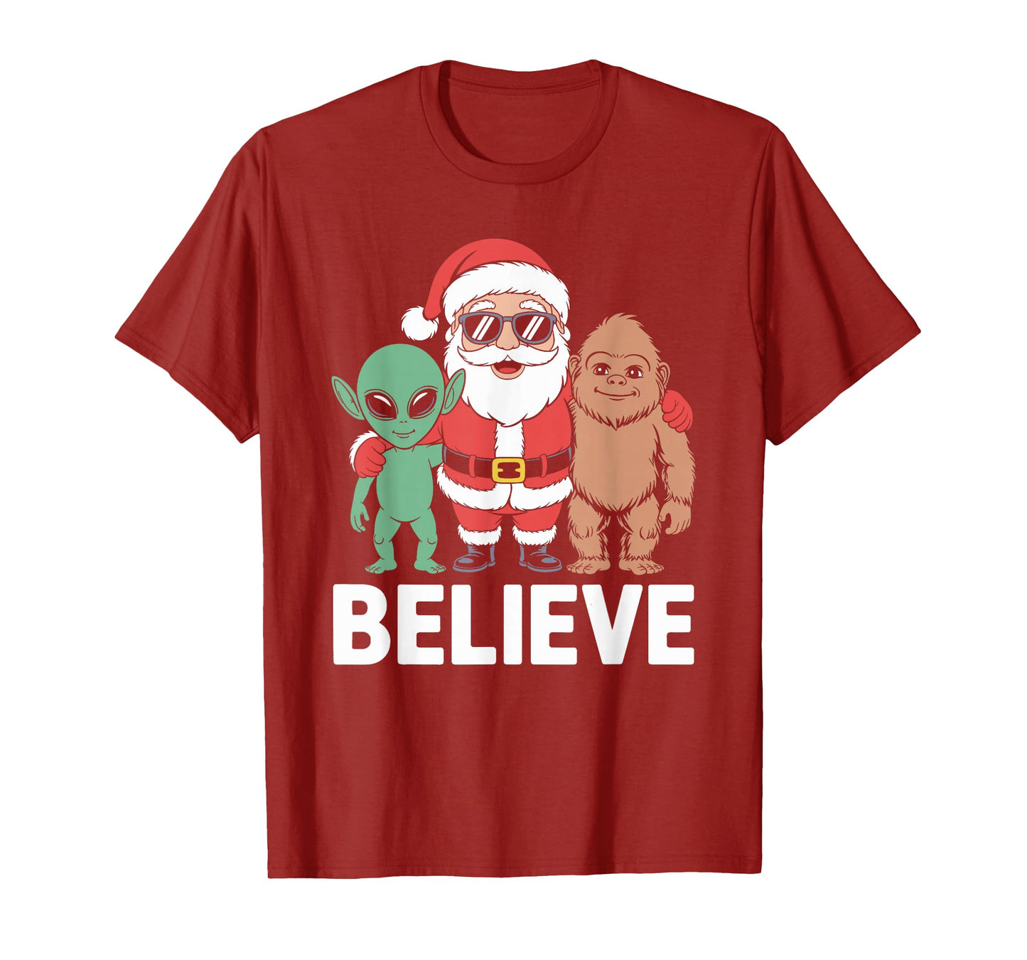 Believe Santa Bigfoot Alien Christmas T-Shirt