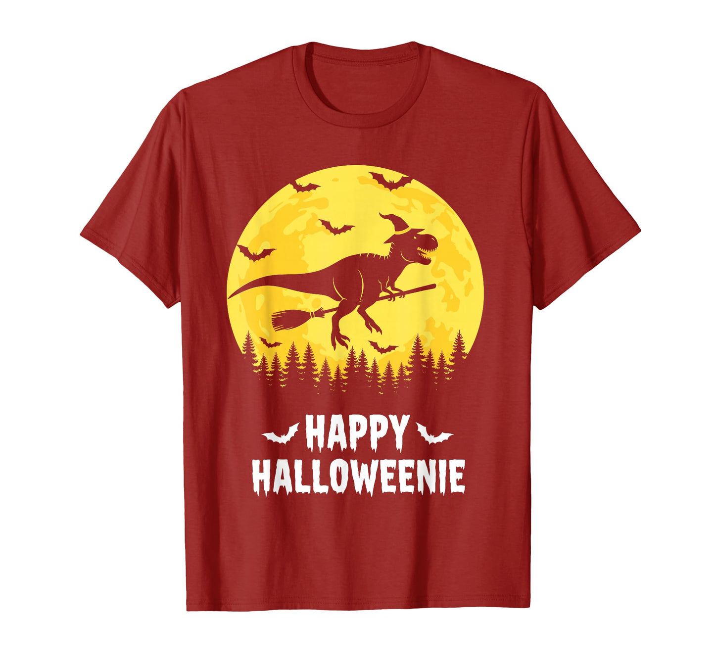 Happy Halloweenie Funny Dinosaur T Rex Flying Witch T-Shirt