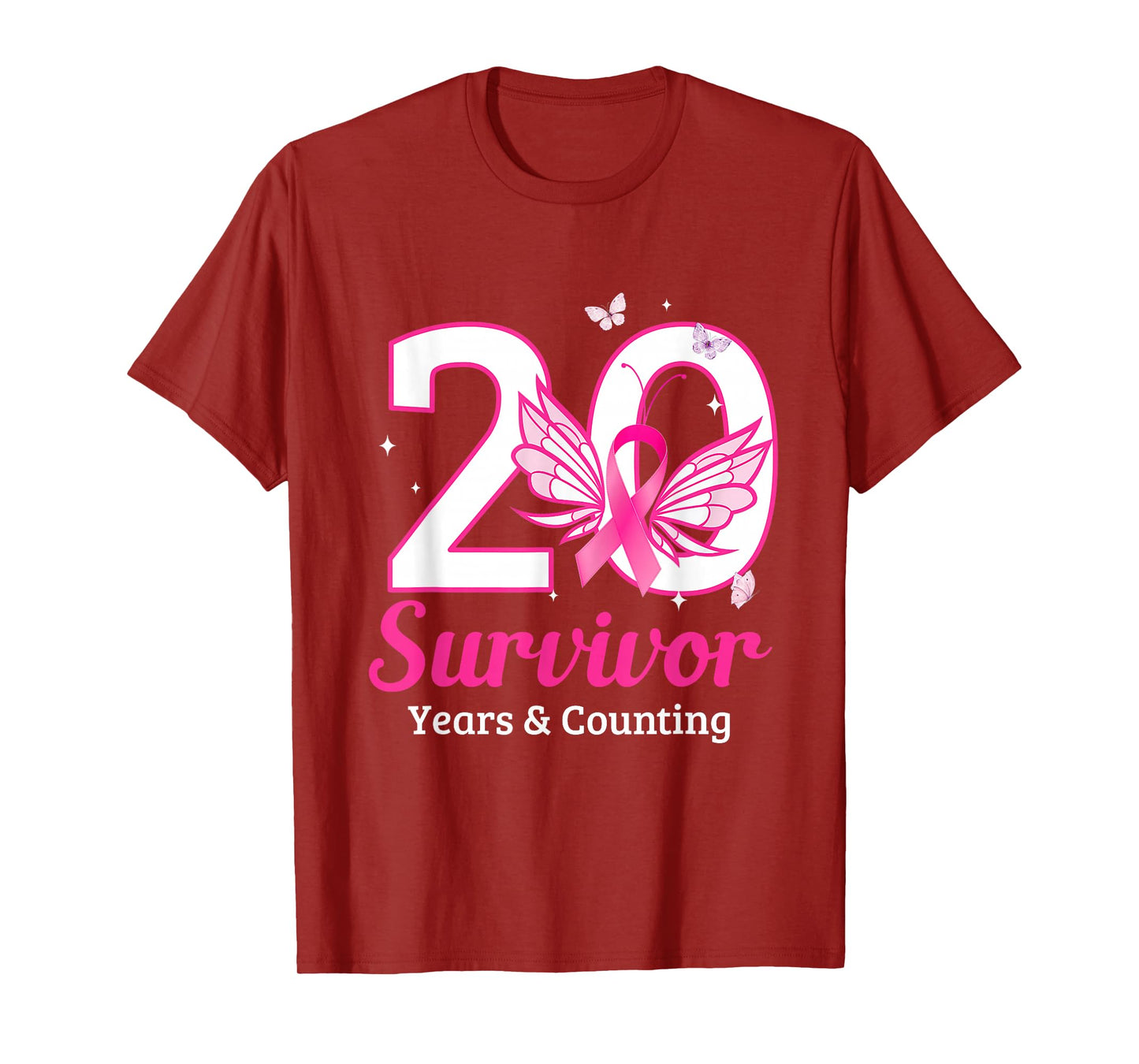 Vintage 20 Years Breast Cancer Survivor Ribbon Buffterfly T-Shirt