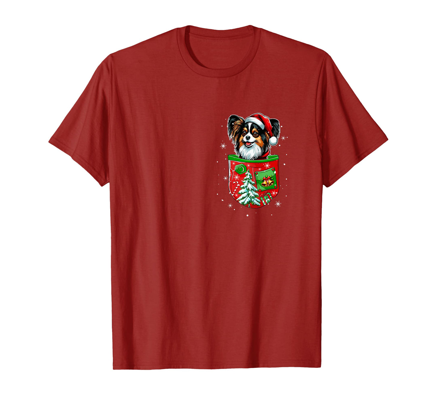 Santa Papillon in Pocket Owner Christmas Tree Bells T-Shirt