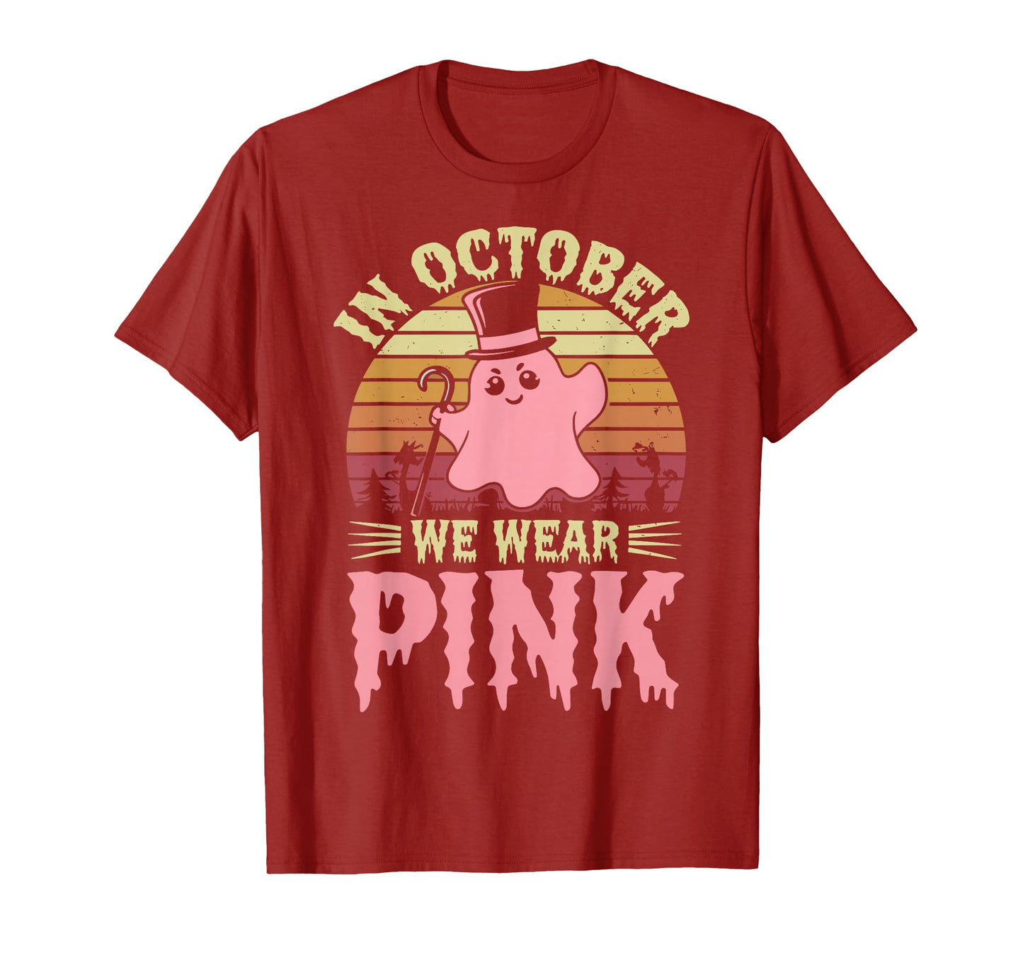in October We Wear Pink Ghost Witch Breast Cancer Awareness T-Shirt