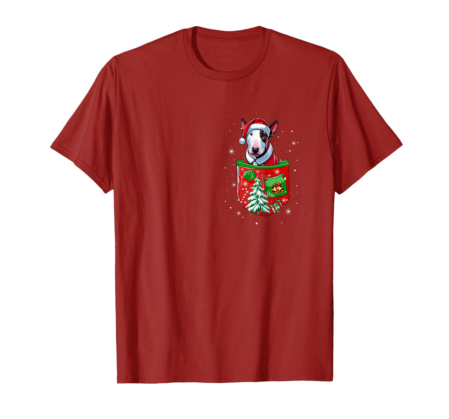Santa Bull Terrier in Pocket Owner Christmas Tree Bells T-Shirt